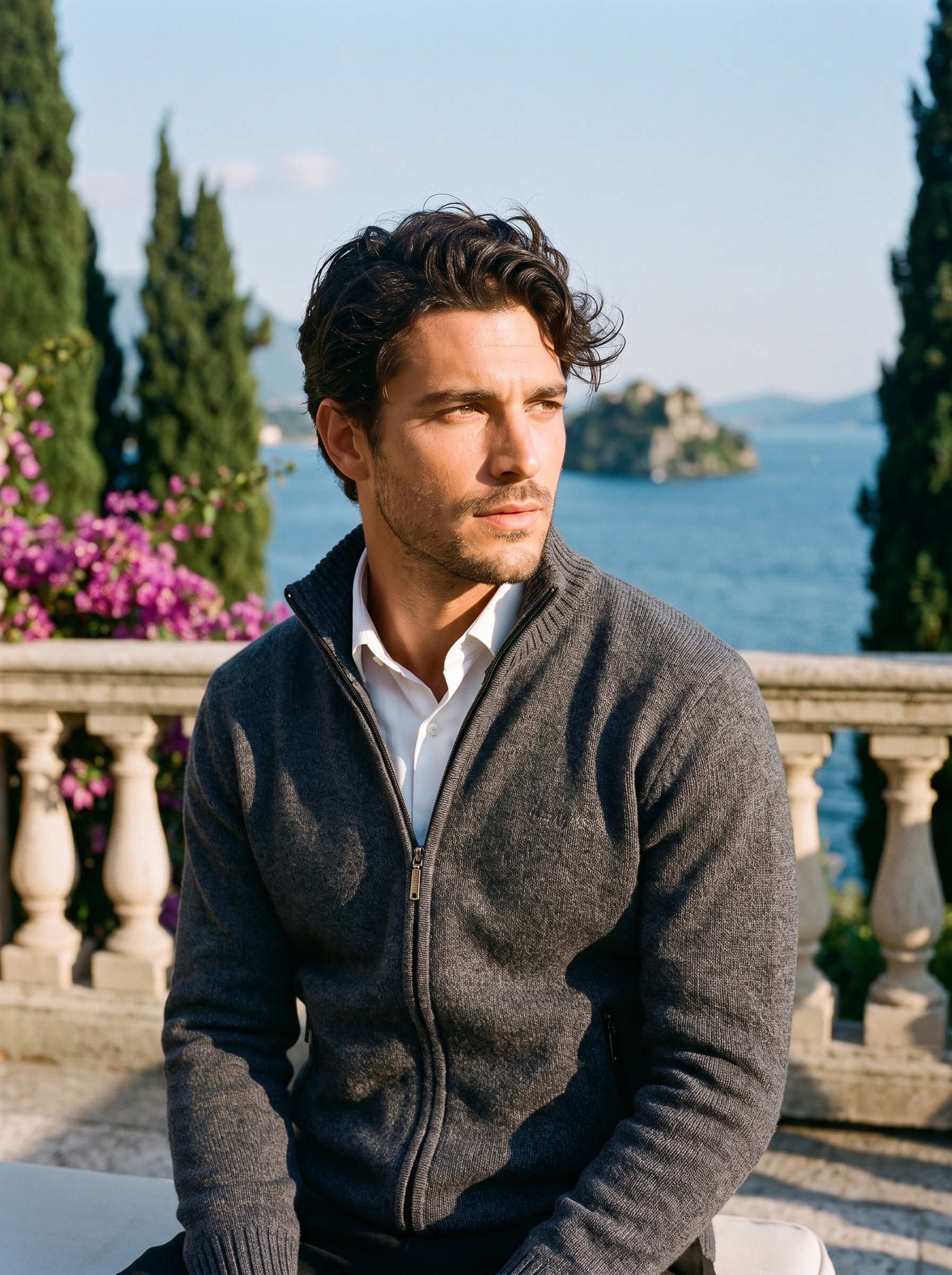Man wearing a dark gray melange zip-up stand collar cardigan on a terrace overlooking Lake Como, old money style — Aveloire
