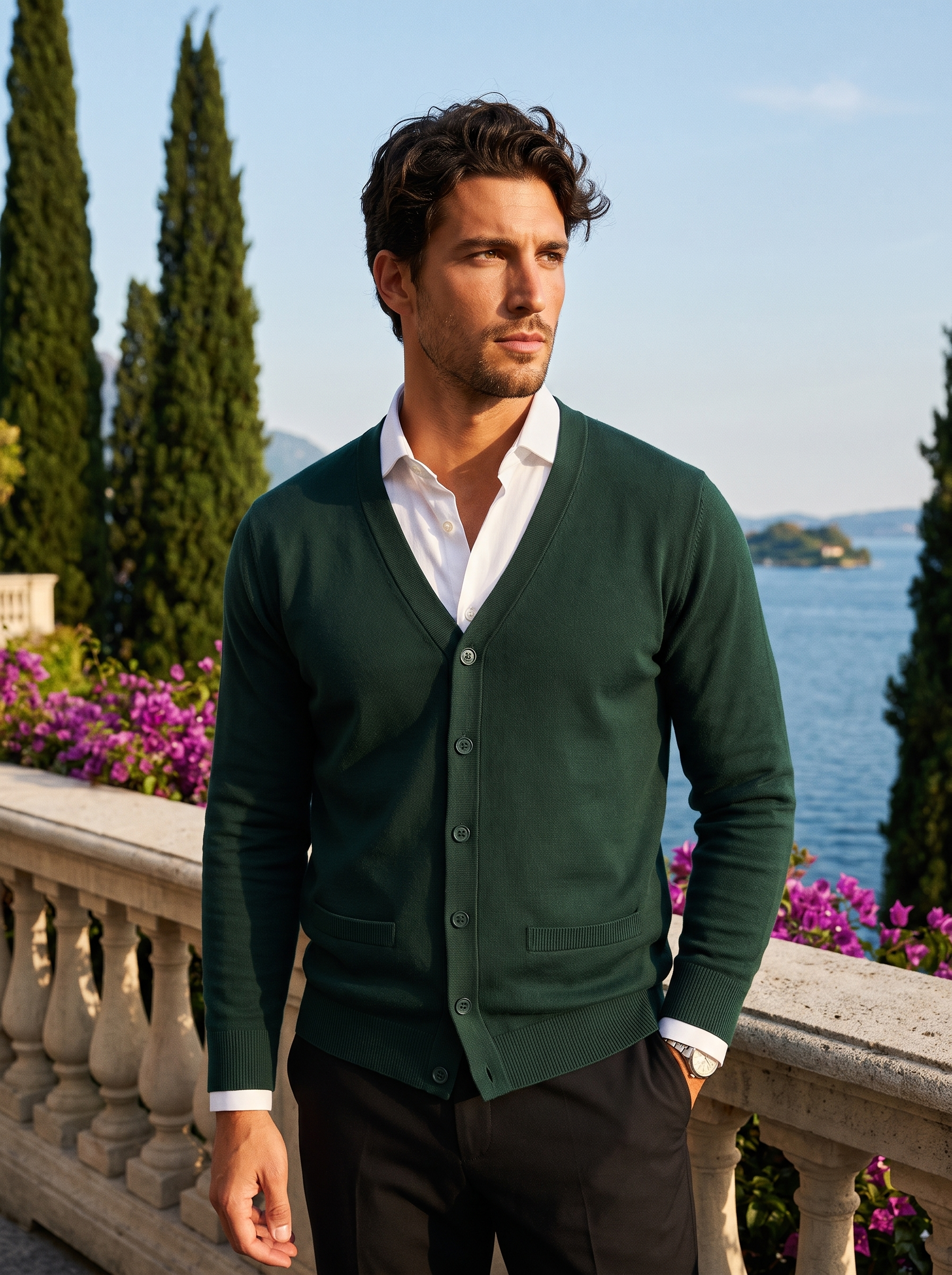 Man wearing a dark green V-neck button cardigan on a terrace overlooking Lake Como, old money style — Aveloire