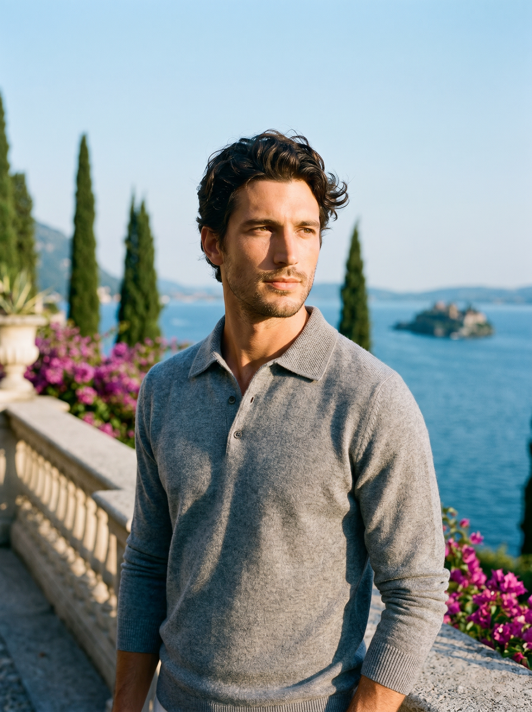 Man wearing a gray wool knit polo sweater on a terrace overlooking Lake Como, old money style — Aveloire