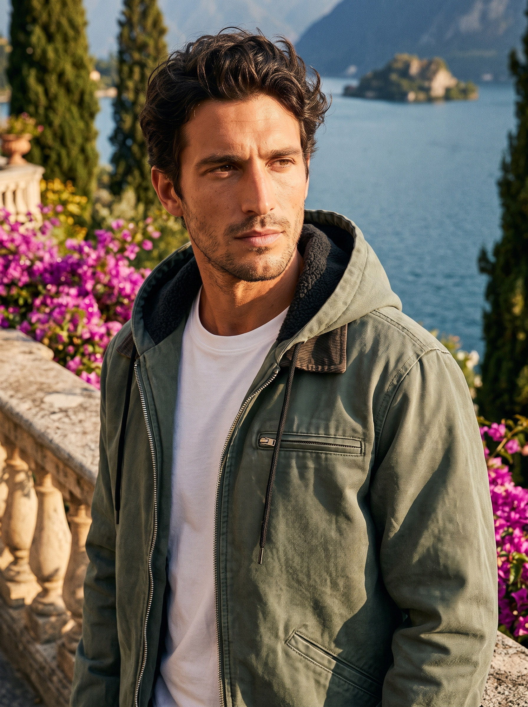 Man wearing an army green hooded canvas jacket on a terrace overlooking Lake Como, old money style — Aveloire