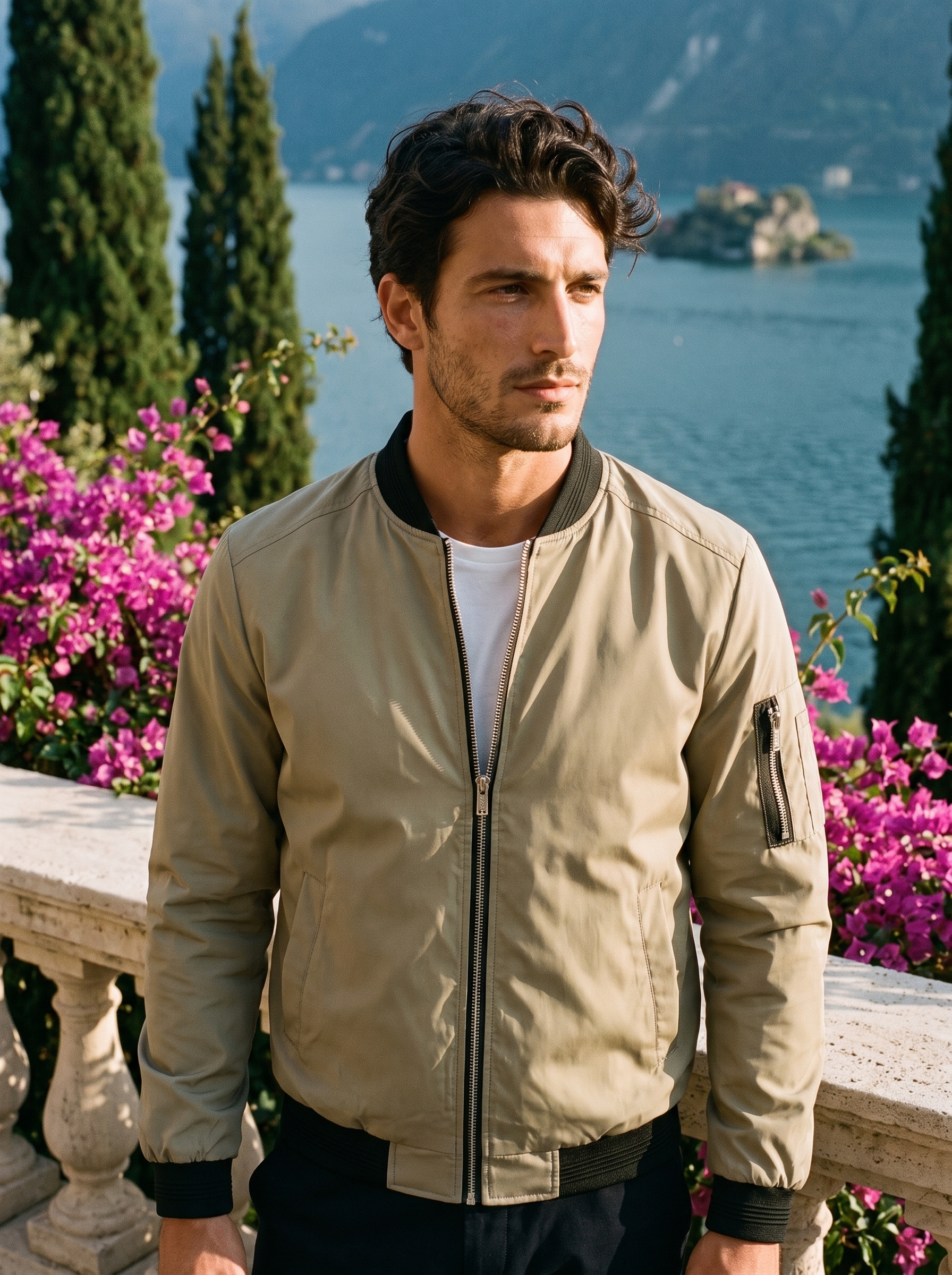 Man wearing a khaki bomber jacket on a terrace overlooking Lake Como, old money style — Aveloire