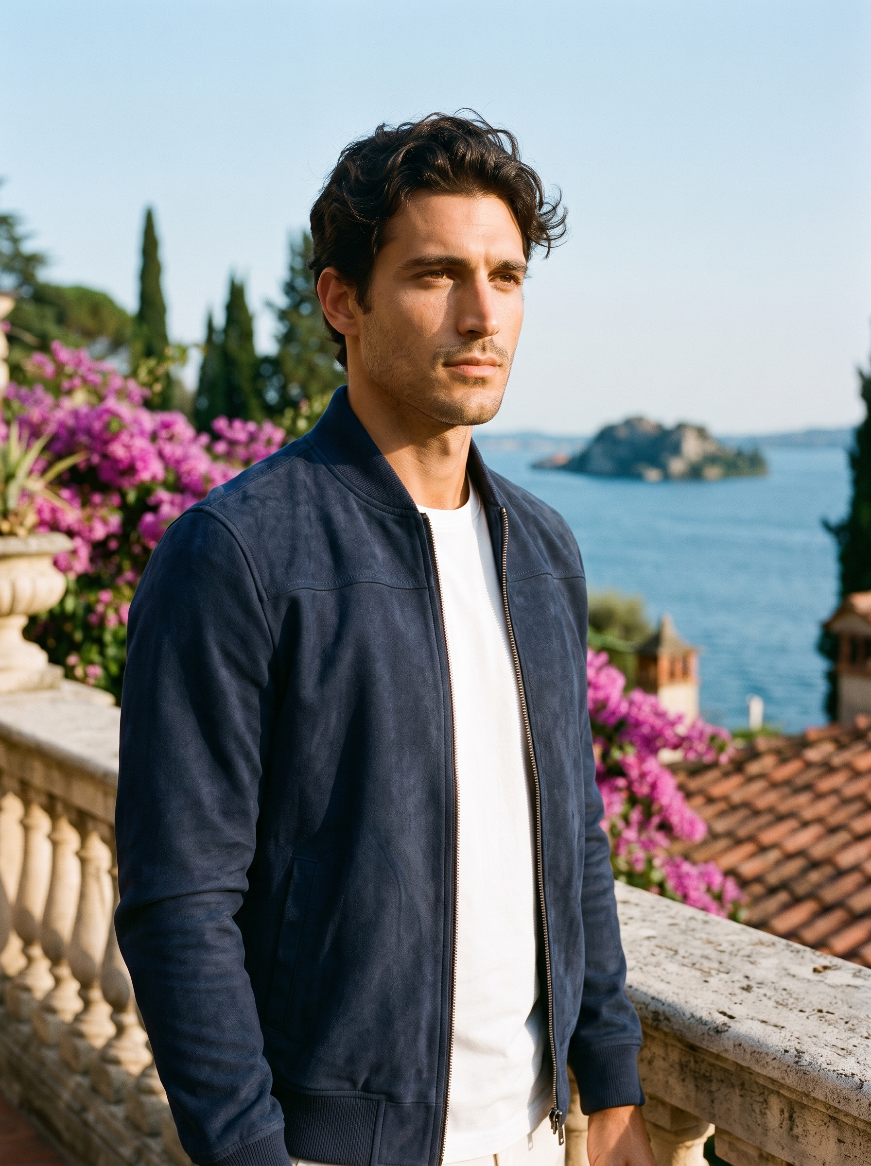 Man wearing navy blue suede bomber jacket on a Lake Como terrace — Aveloire