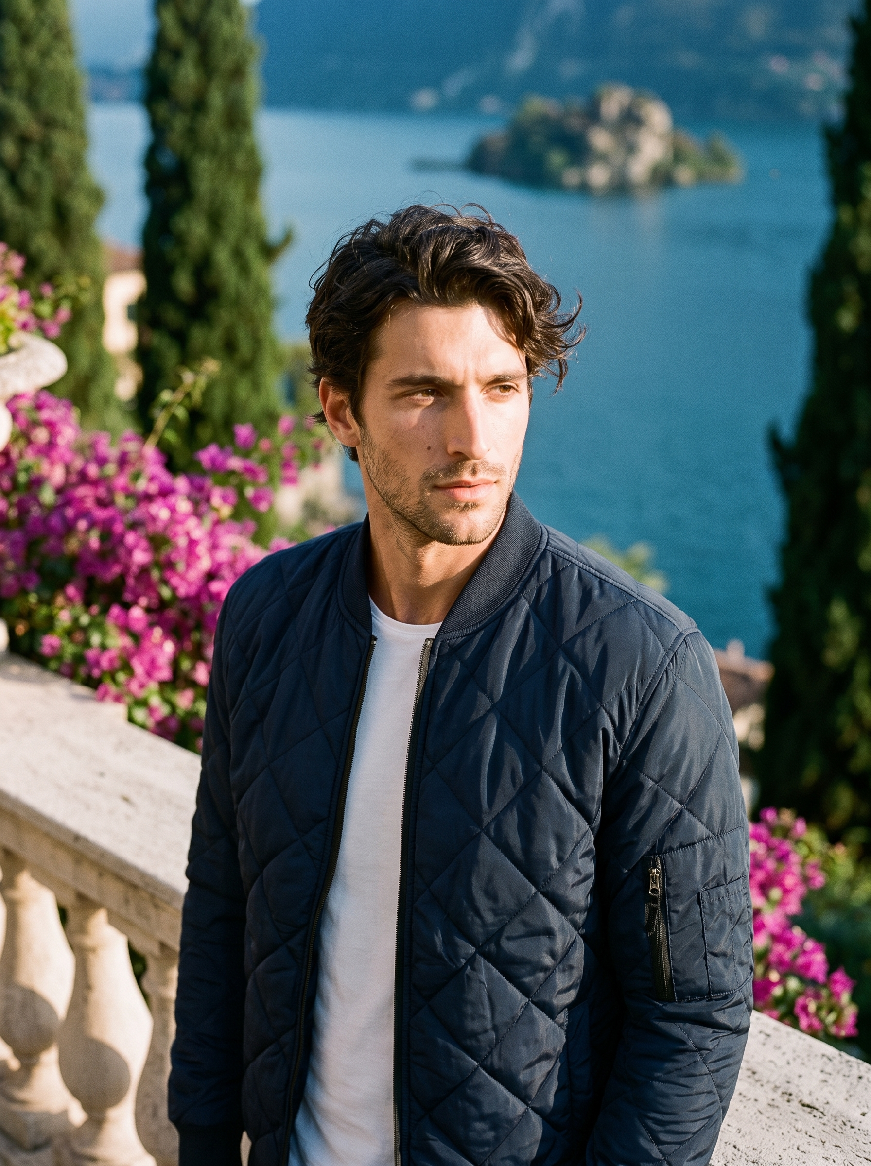 Man wearing a navy blue quilted bomber jacket on a terrace overlooking Lake Como, old money style — Aveloire