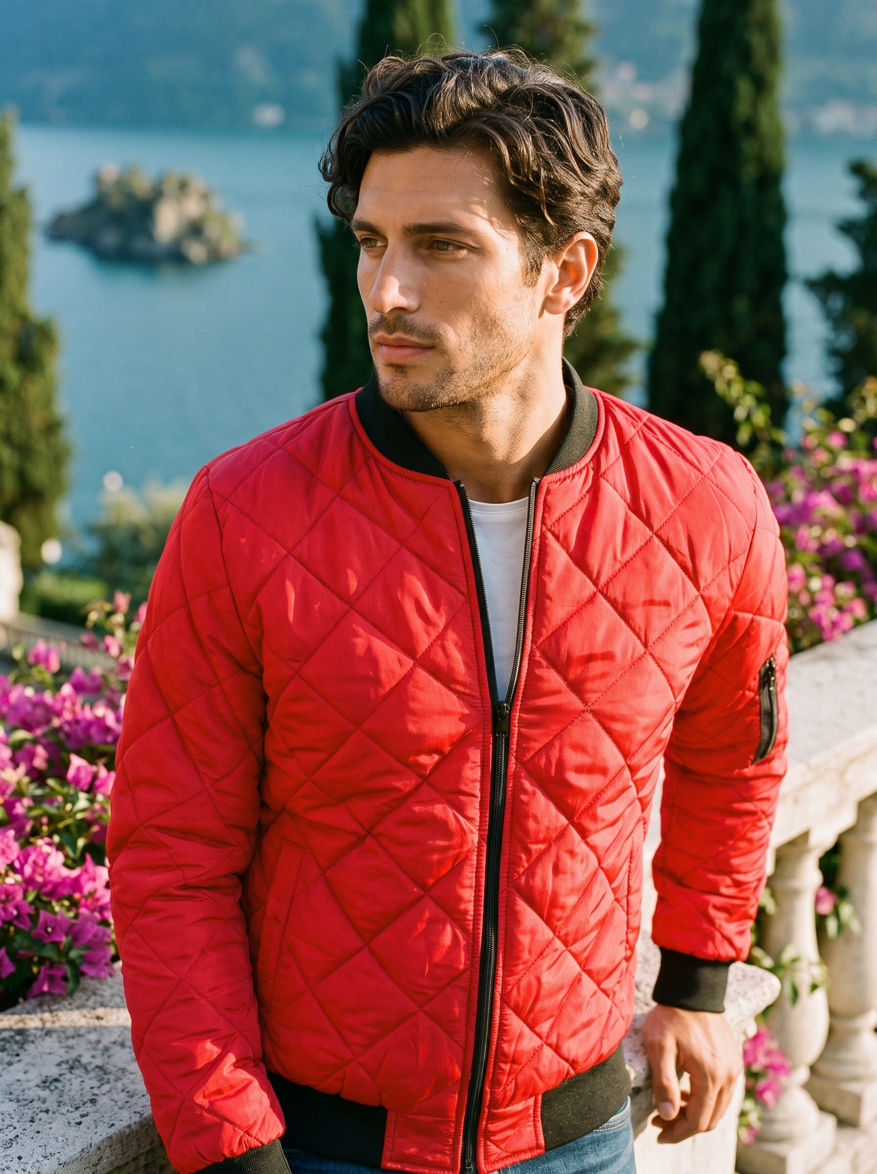 Man wearing a red quilted bomber jacket on a terrace overlooking Lake Como, old money style — Aveloire