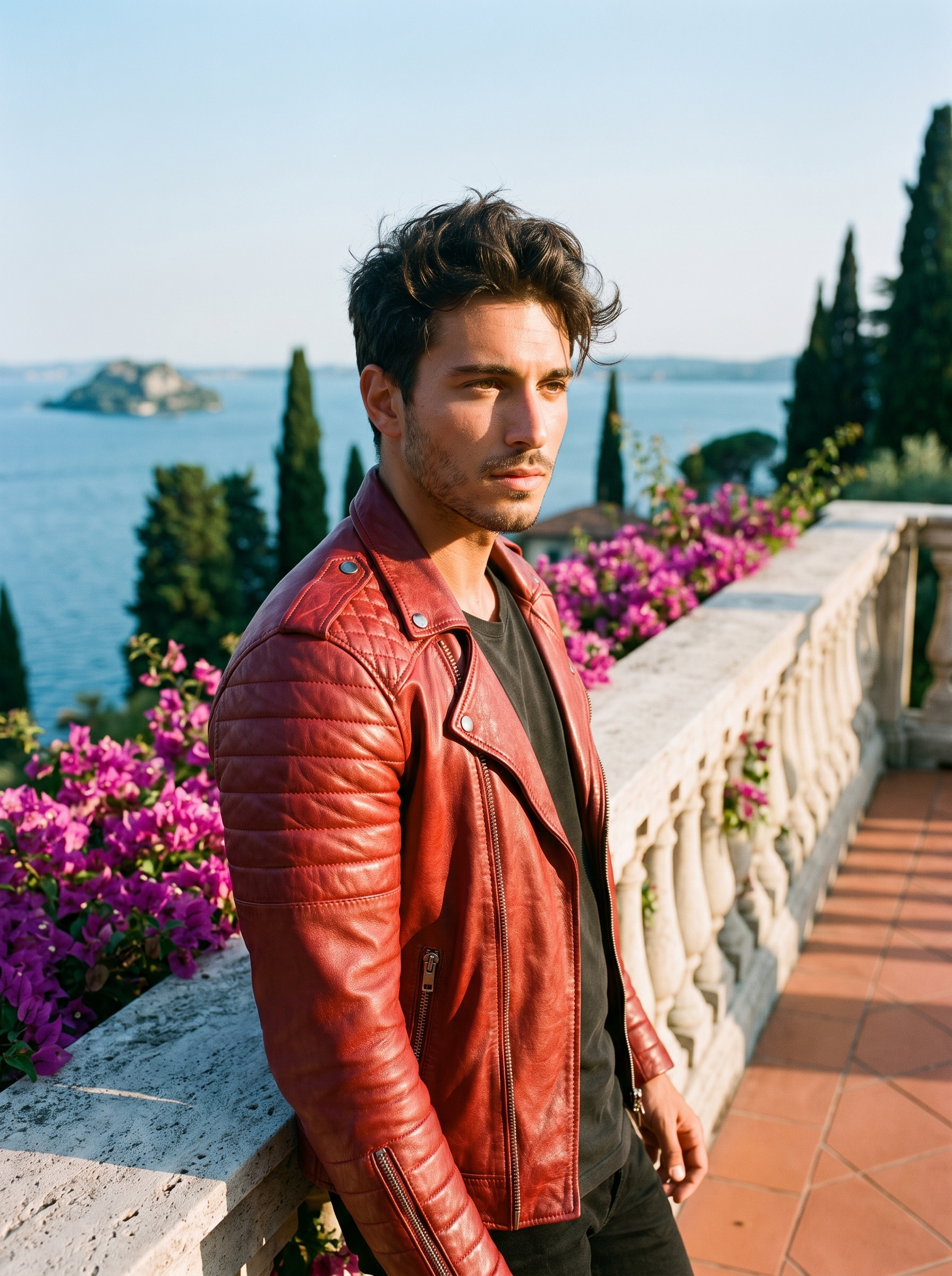 Man wearing red slim fit biker jacket on a Lake Como terrace — Aveloire