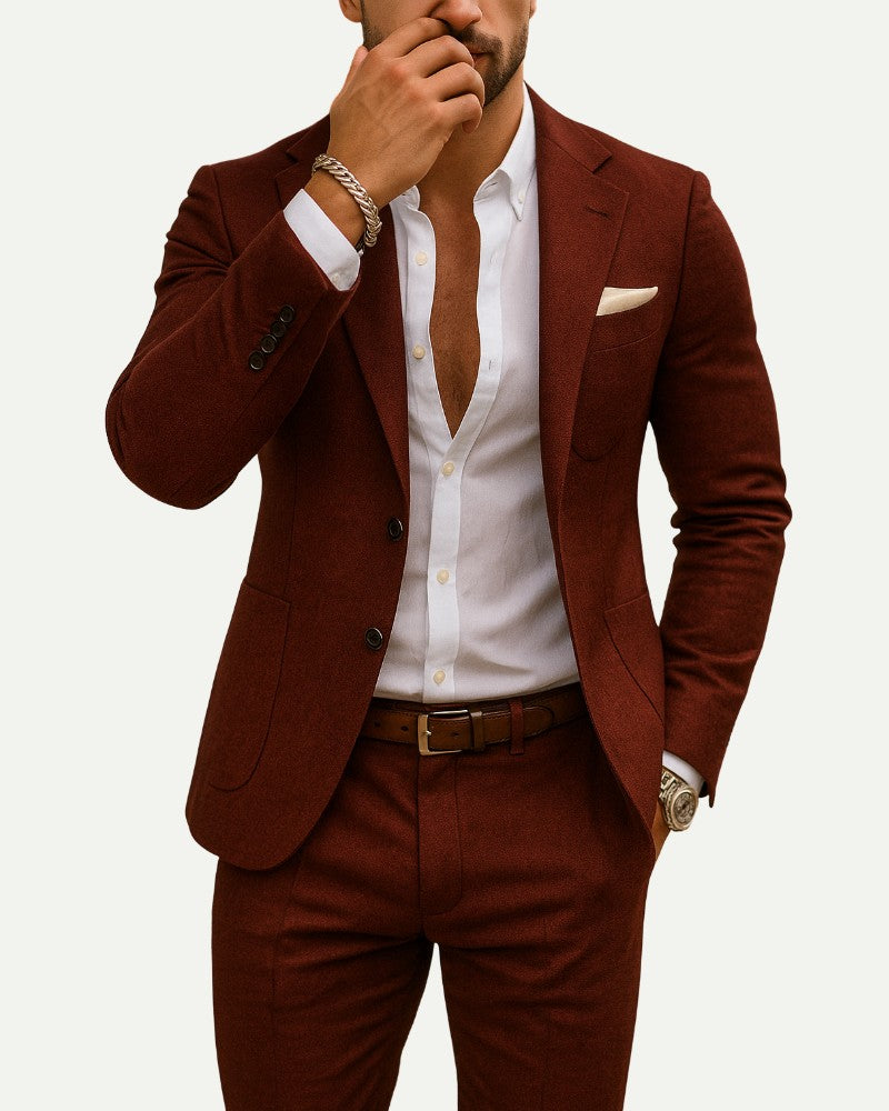 Men's Two-Piece Matching Set in Red – Flat Lapel, Nylon Blend | Aveloire