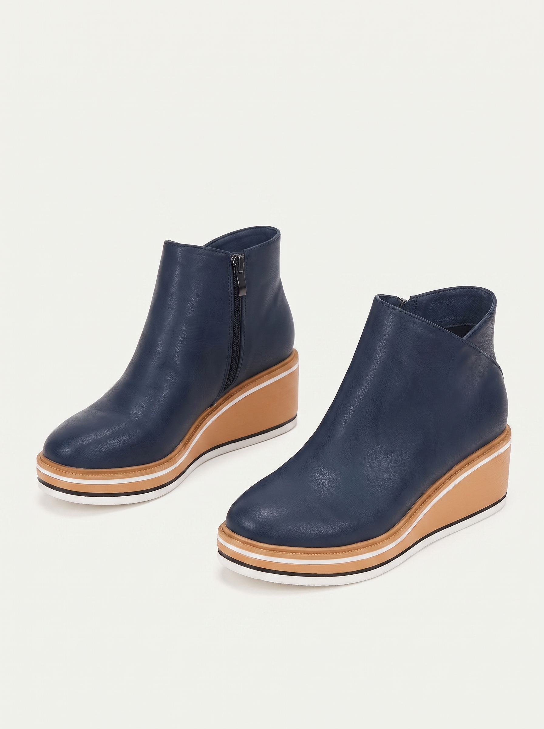 Navy contrast wedge ankle boots flat lay product photo — Lucille by Aveloire