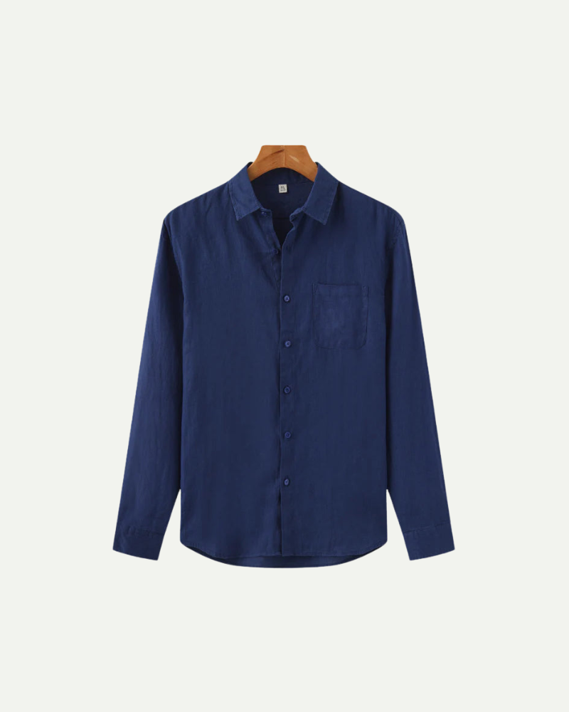 Navy linen button up shirt men long sleeve breathable summer shirt