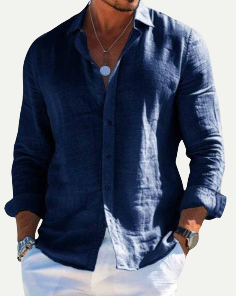 Navy blue men long sleeve button up shirt relaxed fit breathable cotton blend shirt