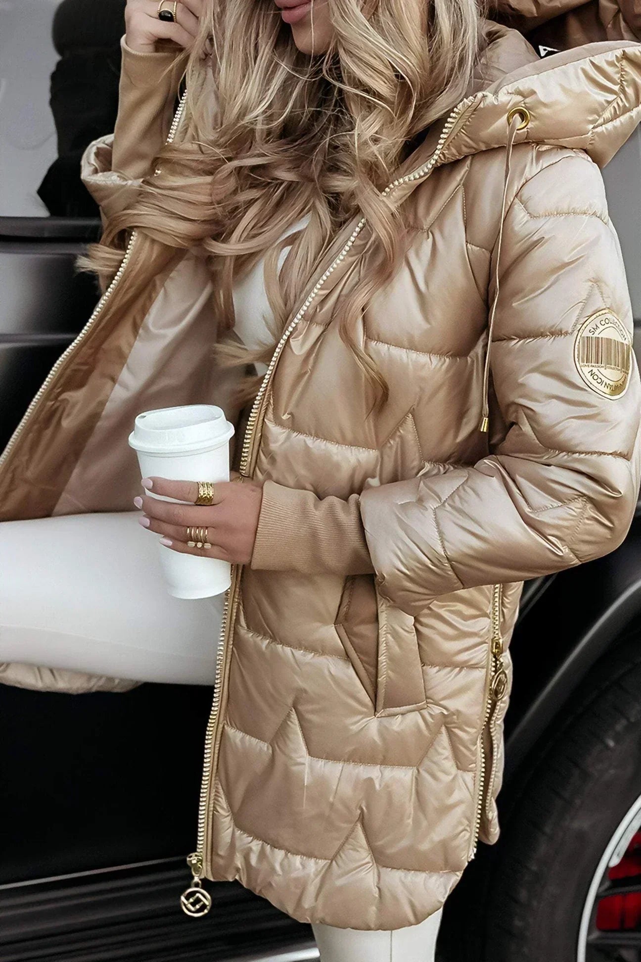 Women's hooded quilted puffer coat — studio view 3, Aveloire