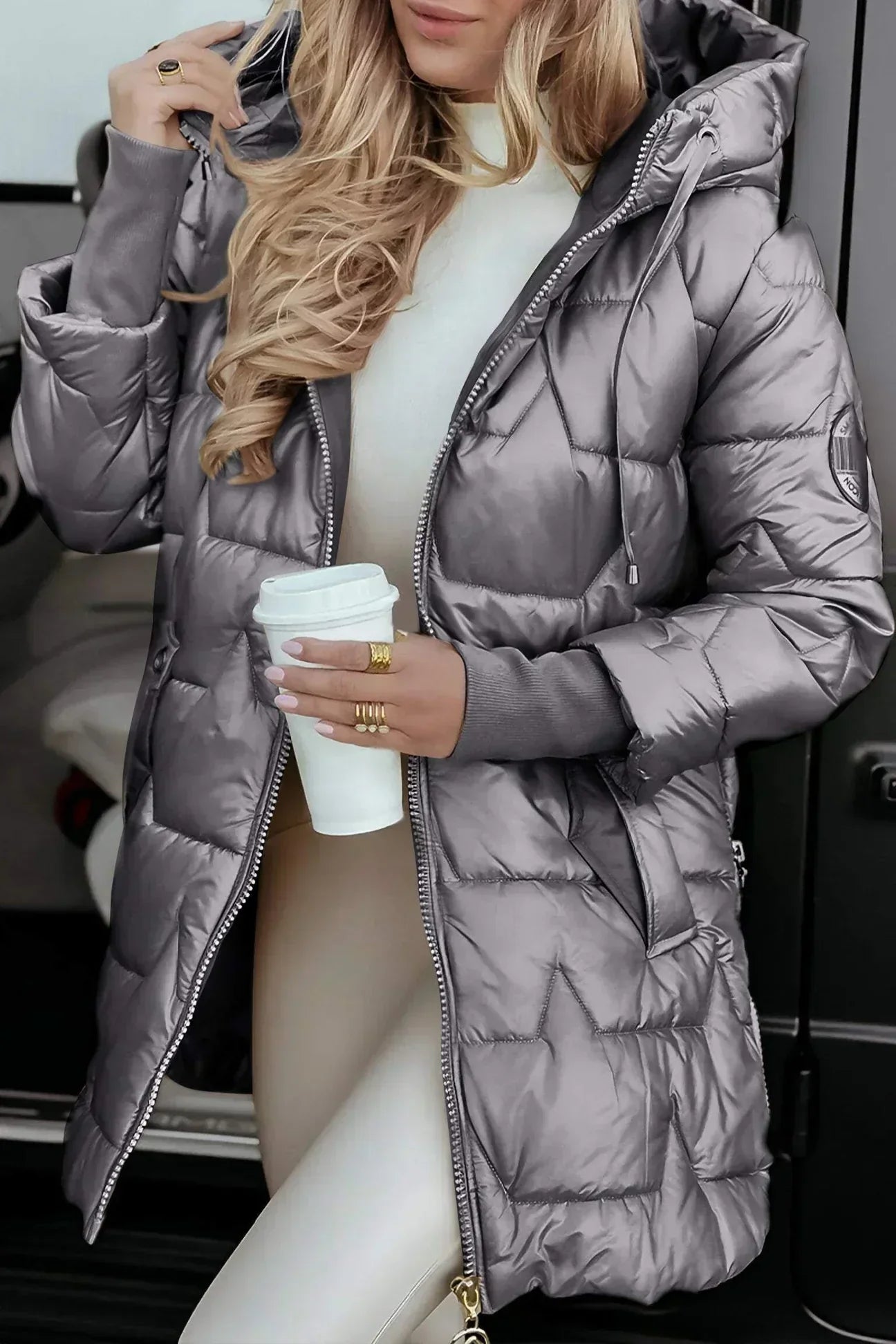 Women's hooded quilted puffer coat — studio view 8, Aveloire