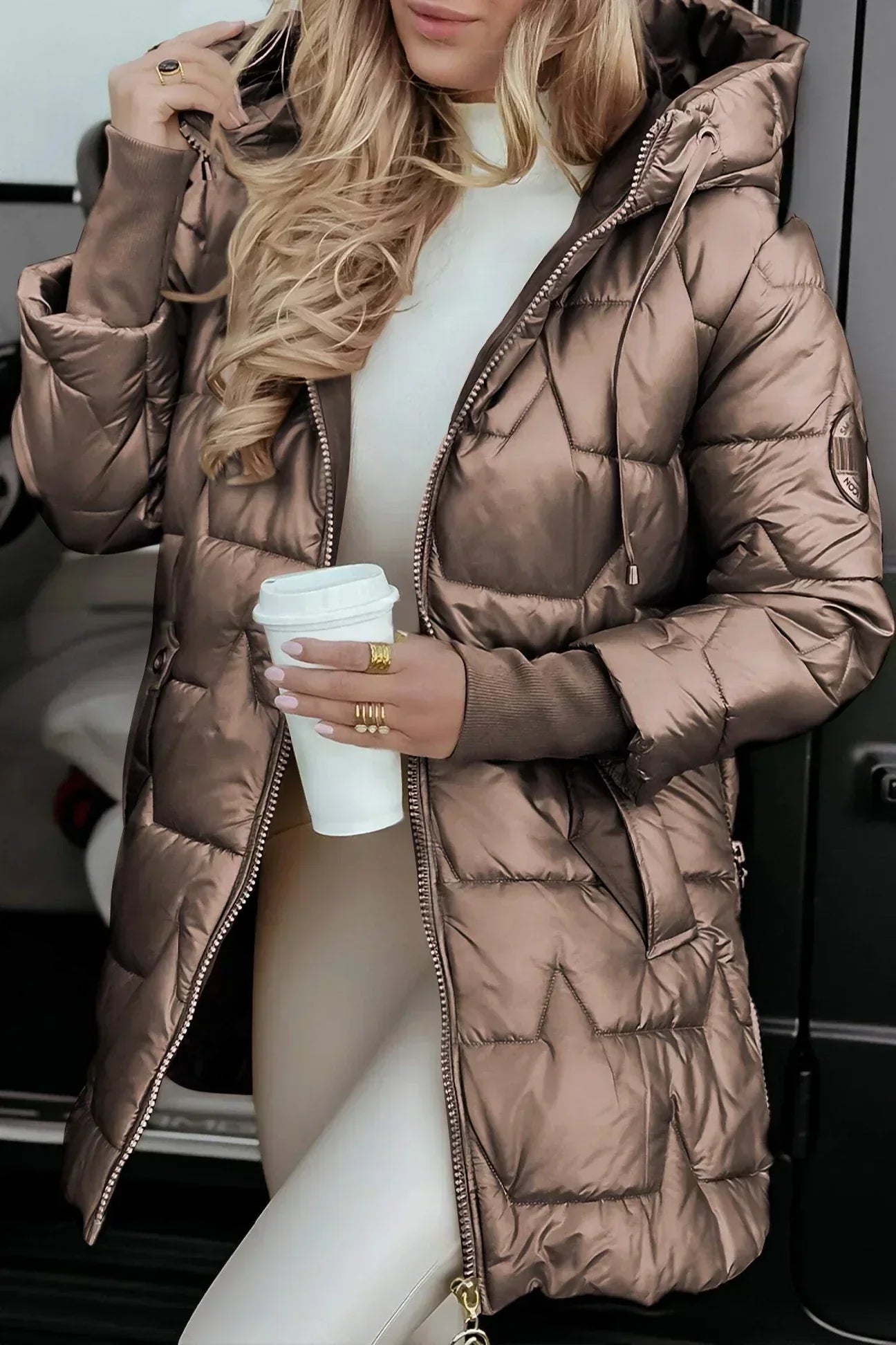 Women's hooded quilted puffer coat — studio view 7, Aveloire