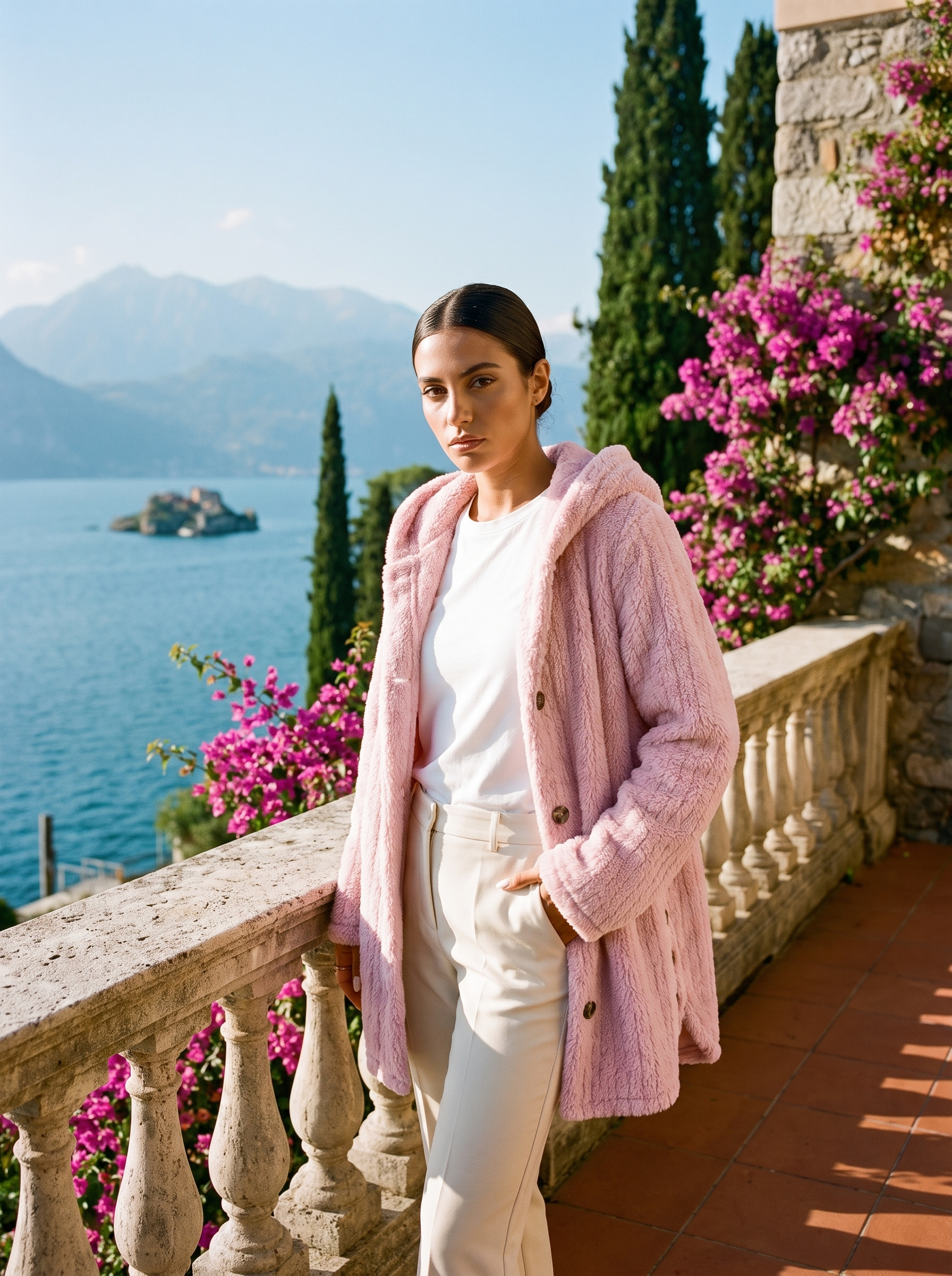 Pink hooded cardigan, full body front view on a Lake Como terrace — Aveloire