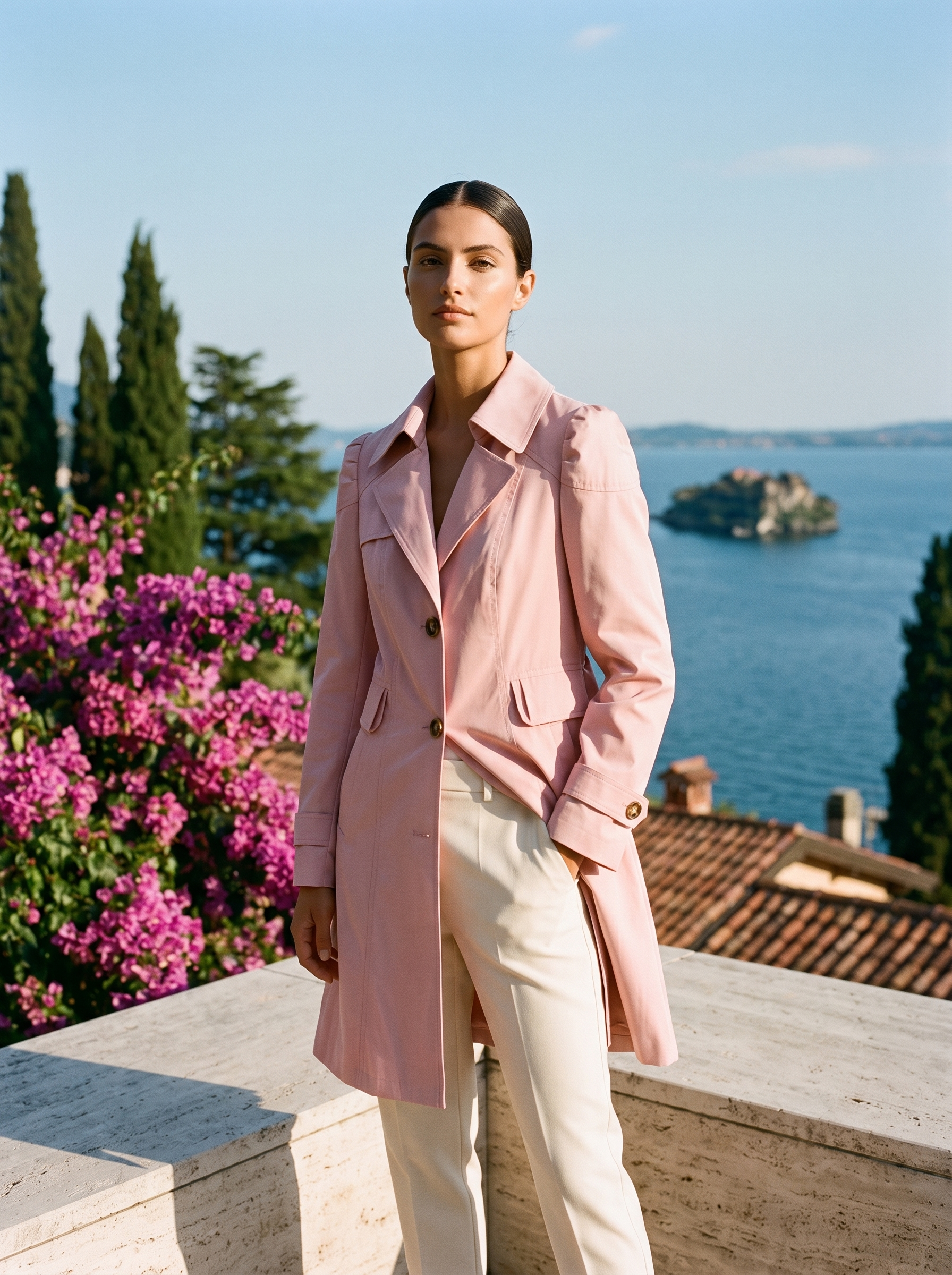 Pink rain coat full body front view — Aveloire