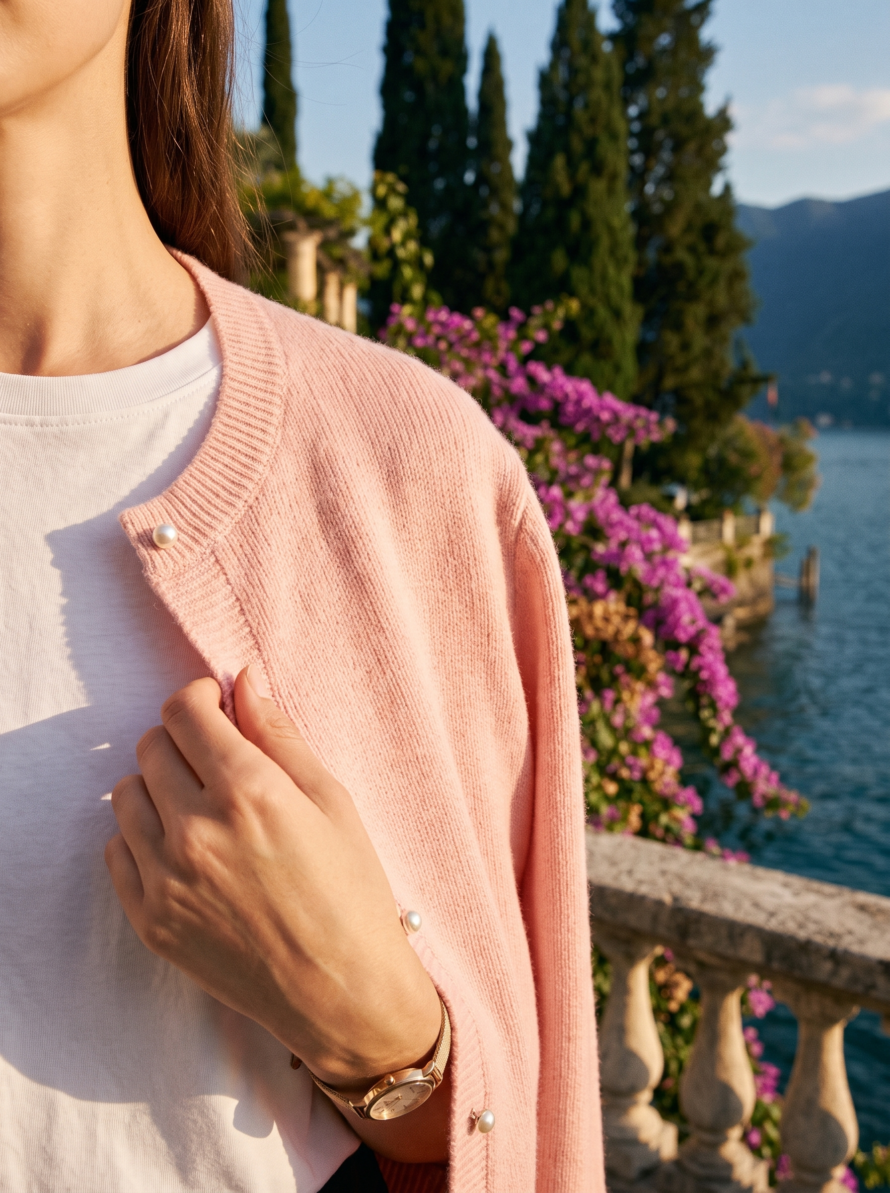 Pink round-neck cardigan soft knit detail, old money style — Aveloire