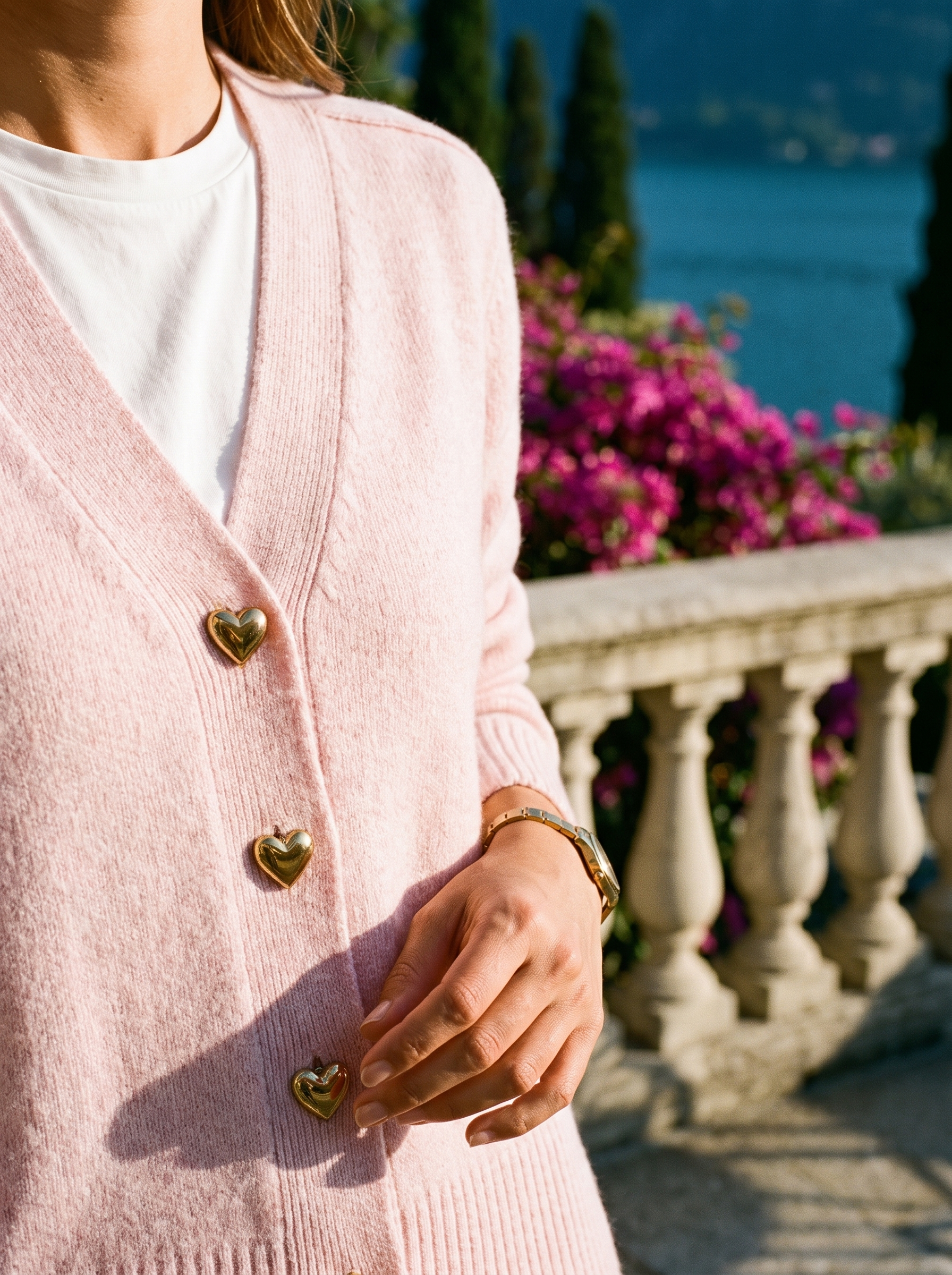 Pink V-neck button cardigan button detail, old money style — Aveloire