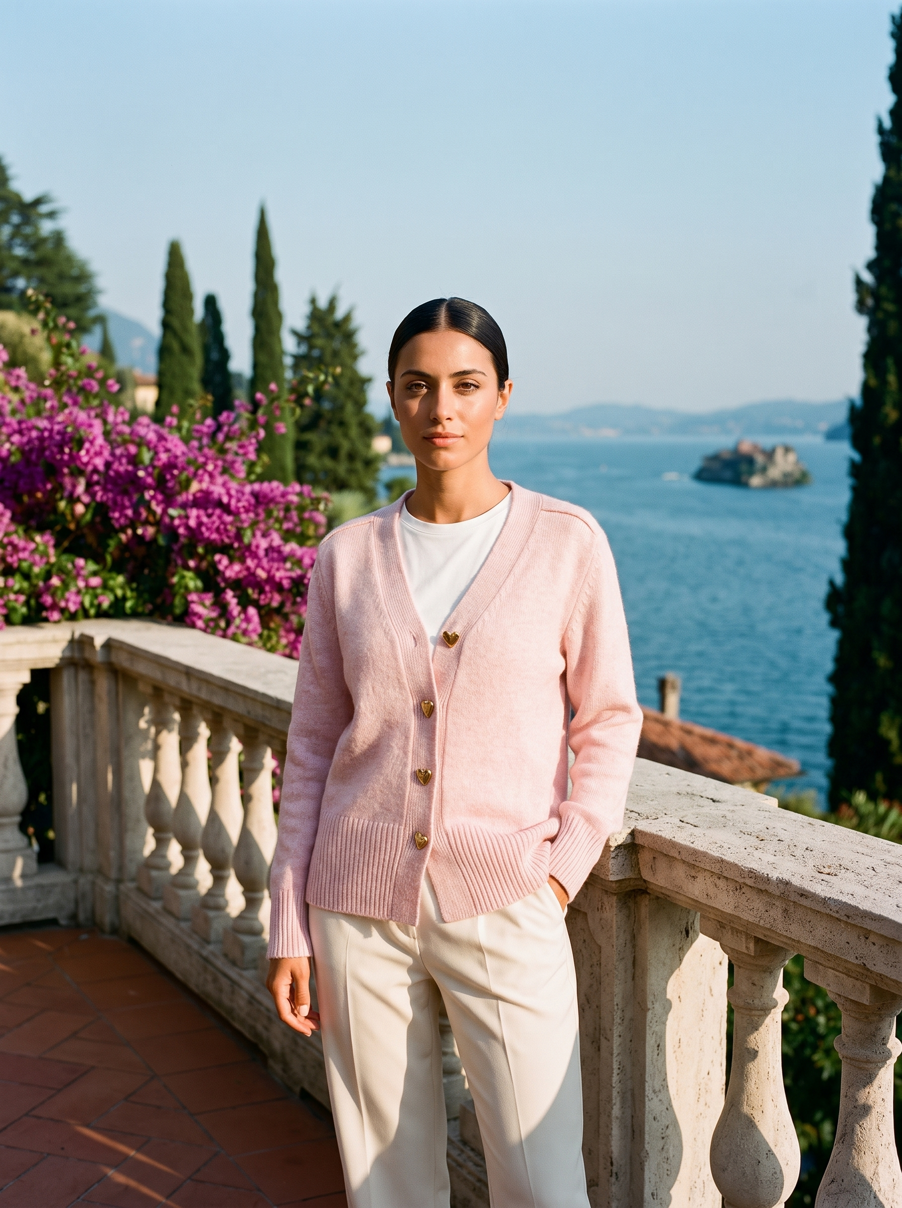 Pink V-neck button cardigan, full body front view on a Lake Como terrace — Aveloire