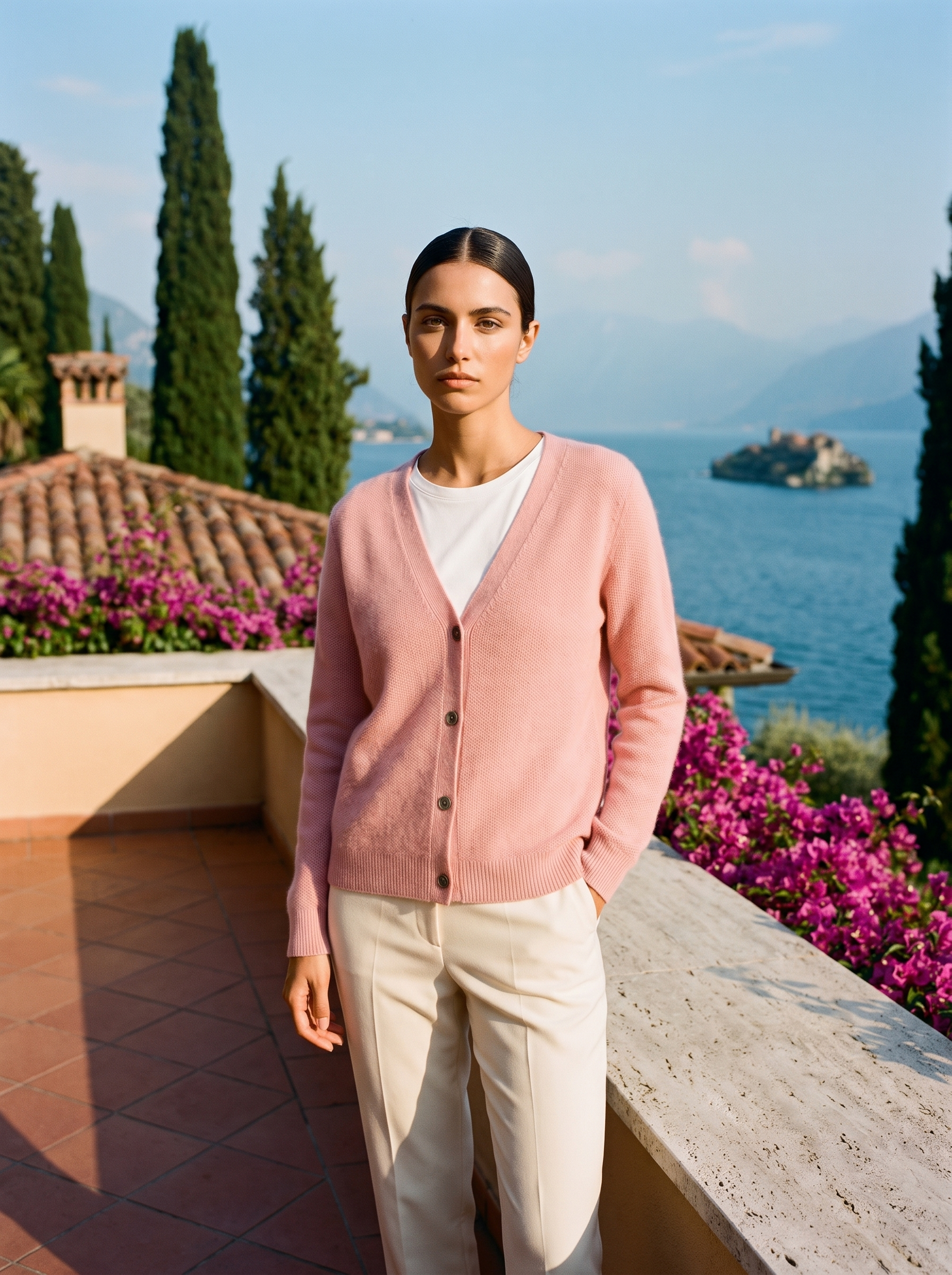 Pink wool-blend cardigan, full body front view on a Lake Como terrace — Aveloire