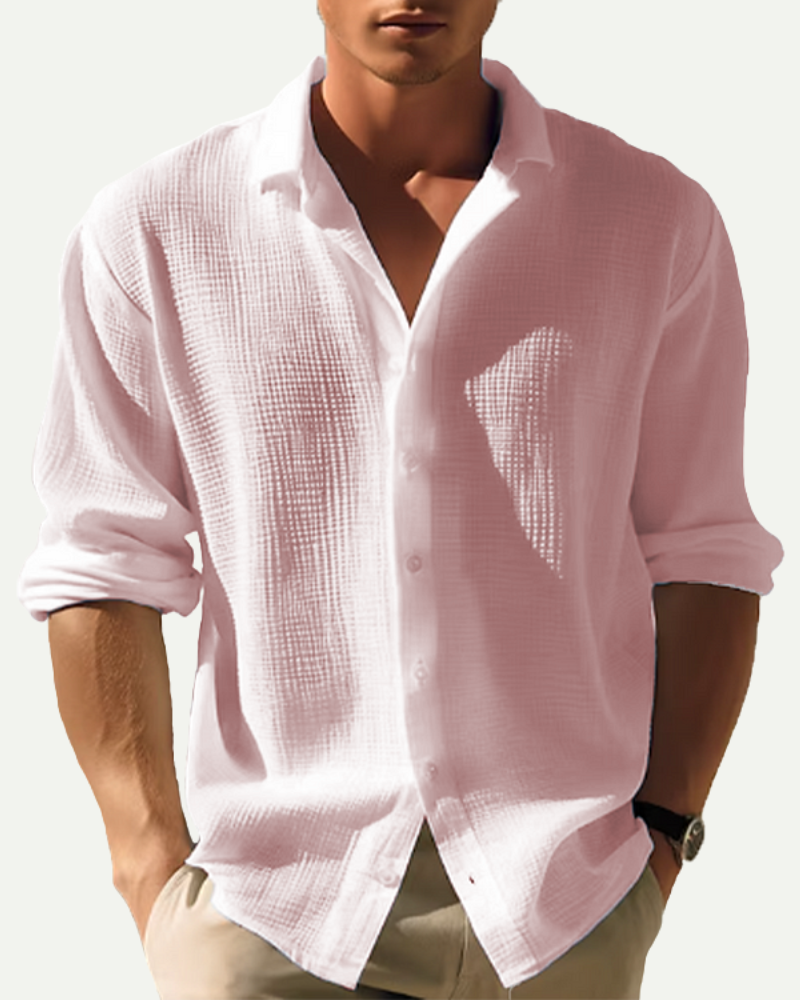 Men’s pink waffle cotton button up shirt relaxed fit worn on model
