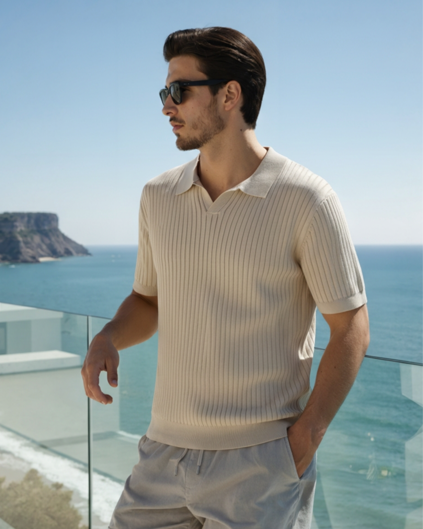 Man wearing sunglasses and a beige ribbed sweater with a scenic background