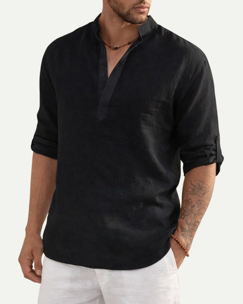 Men's Stand Collar Cotton Pullover Shirt in Black – Loose Fit Long Sleeve | Aveloire