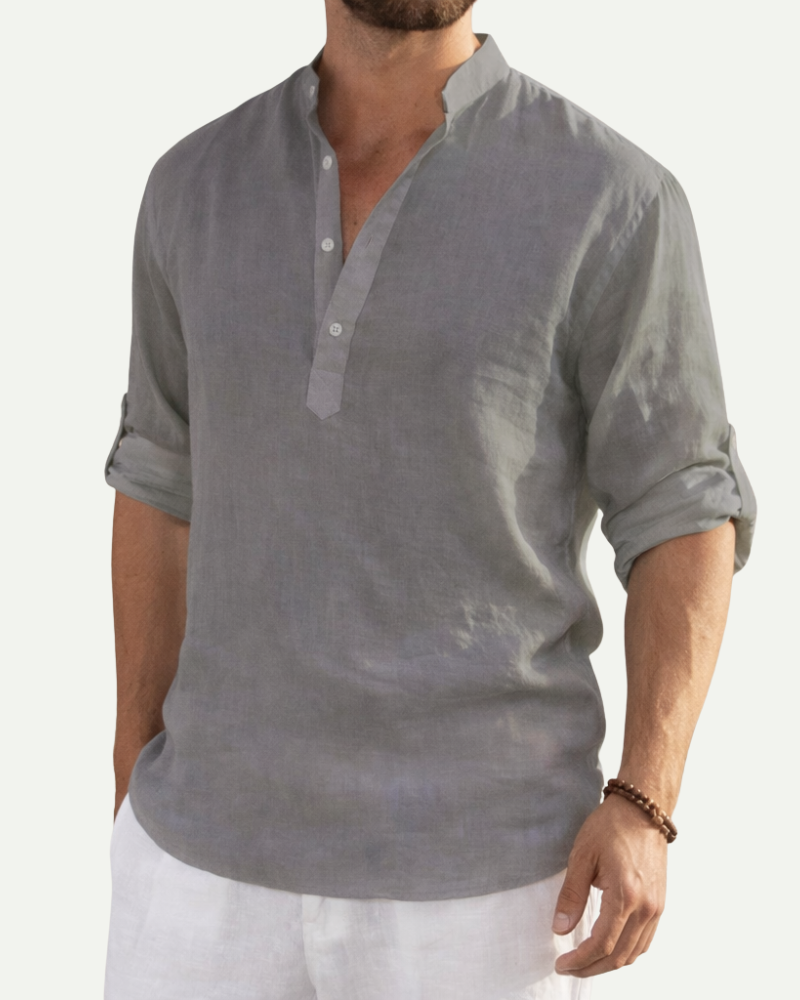 Men's Stand Collar Cotton Pullover Shirt in Gray – Loose Fit Long Sleeve | Aveloire
