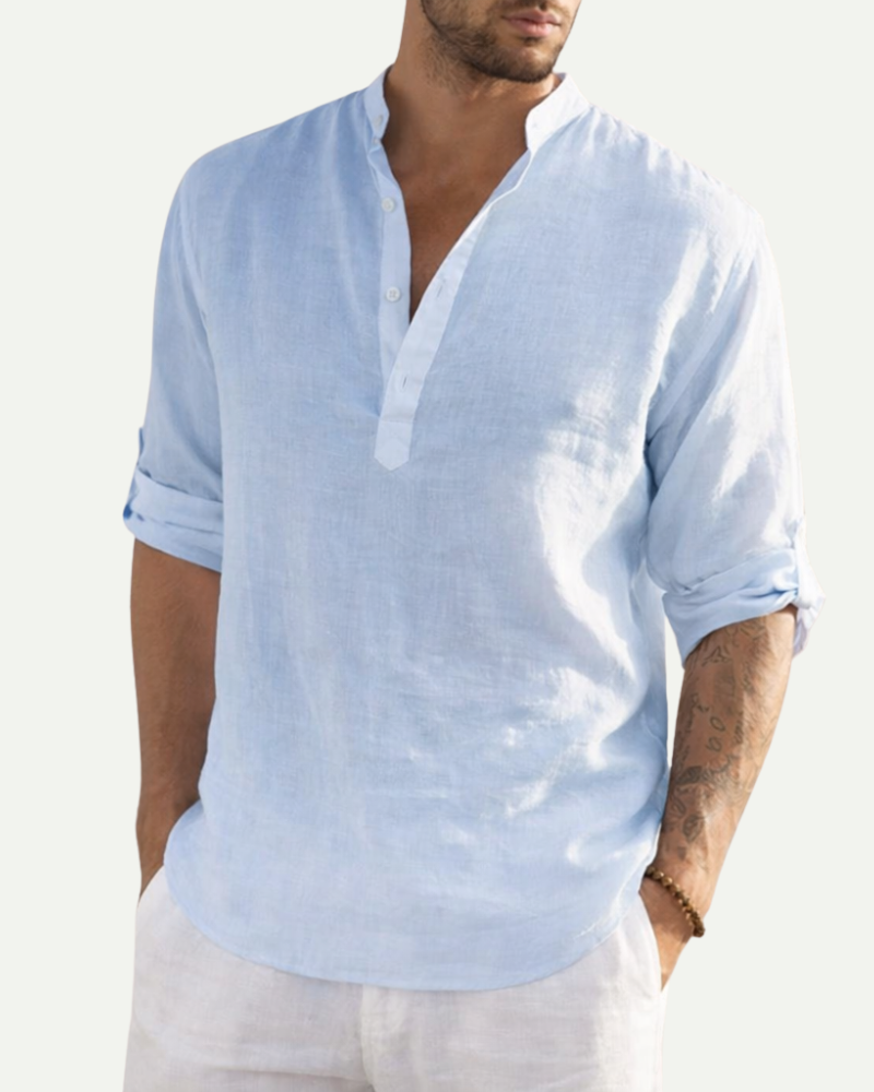 Men's Stand Collar Cotton Pullover Shirt in Light Blue – Loose Fit Long Sleeve | Aveloire