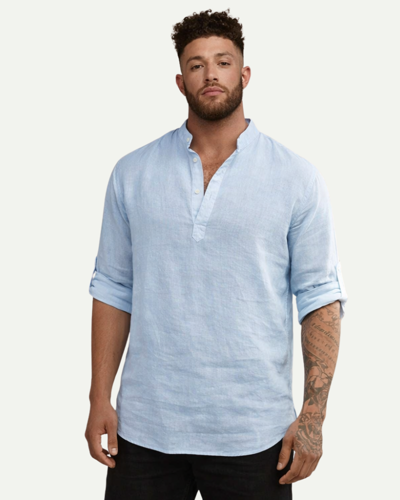 Men's Stand Collar Cotton Pullover Shirt in Light Blue – Loose Fit Long Sleeve | Aveloire