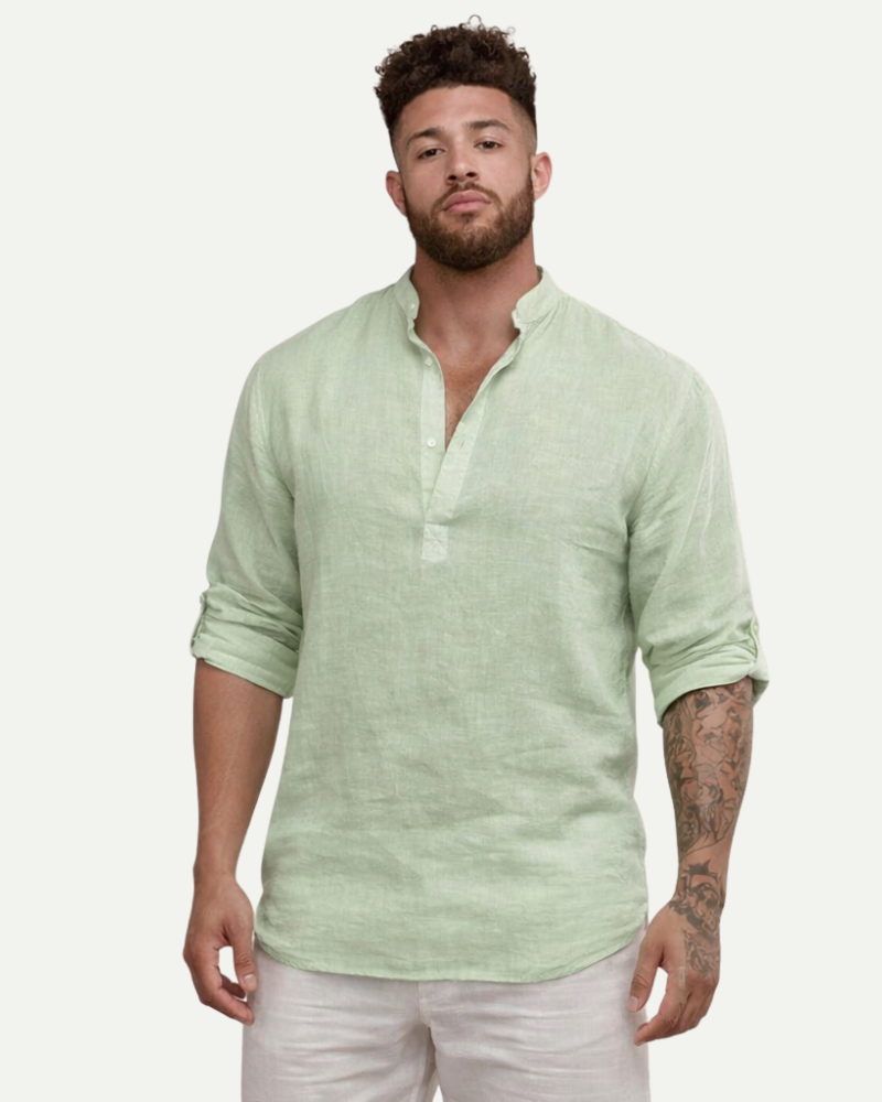 Men's Stand Collar Cotton Pullover Shirt in Light Green – Loose Fit Long Sleeve | Aveloire
