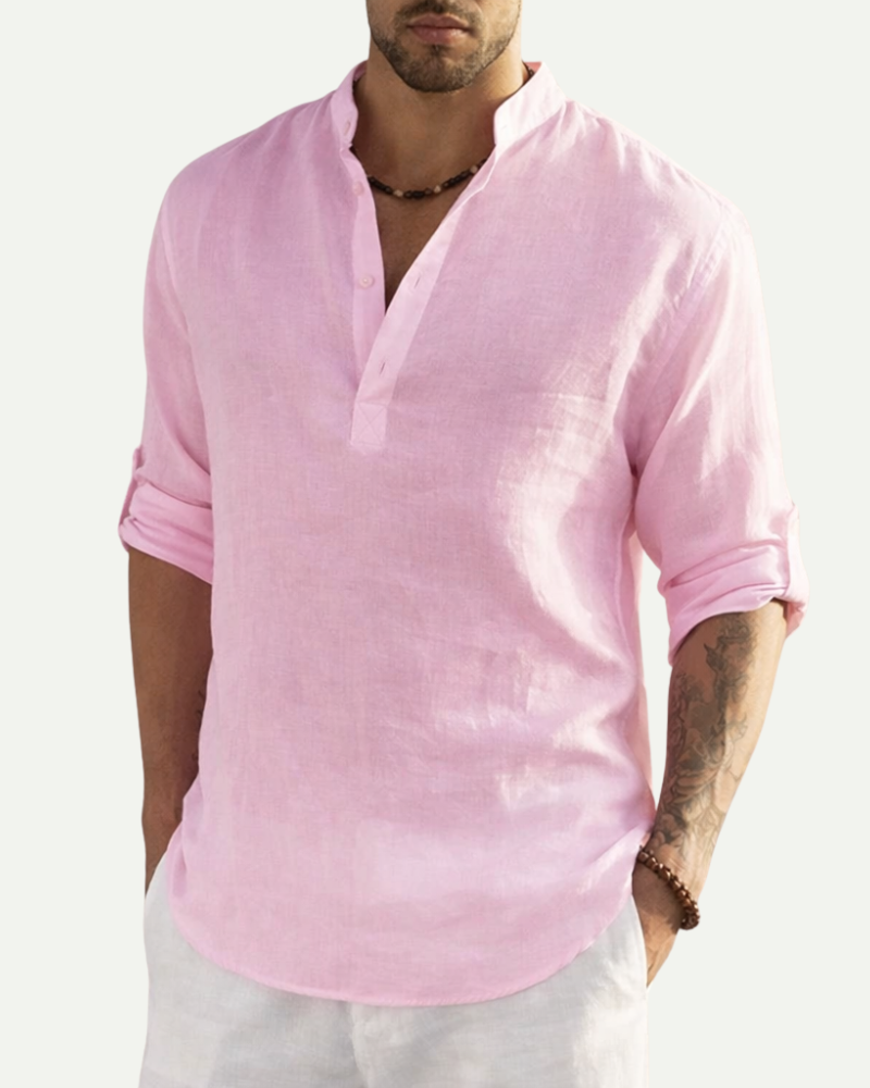 Men's Stand Collar Cotton Pullover Shirt in Pink – Loose Fit Long Sleeve | Aveloire