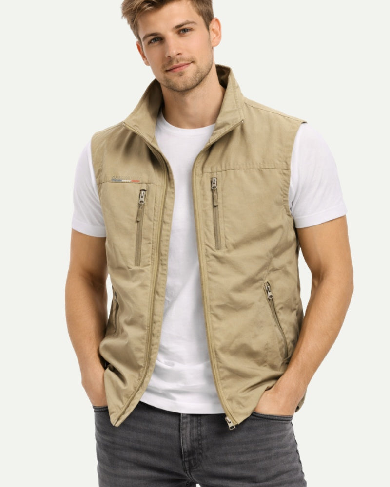 Men's Stand Collar Zip-Up Vest in Army Green – Zip Closure, Nylon Shell | Aveloire