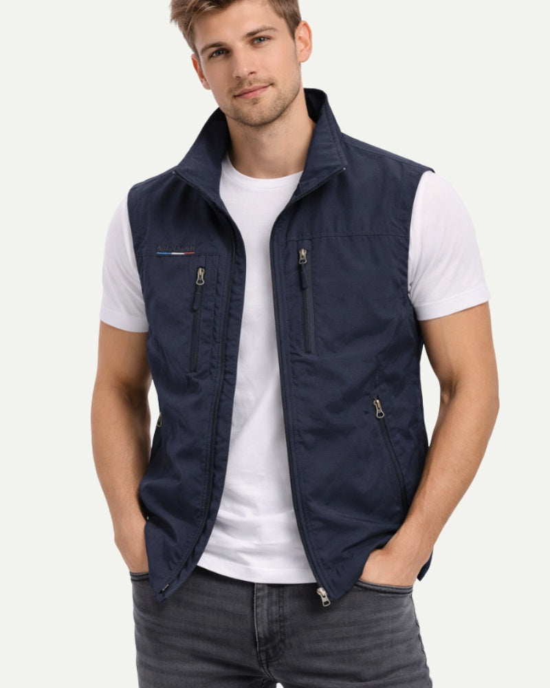 Men's Stand Collar Zip-Up Vest in Black – Zip Closure, Nylon Shell | Aveloire