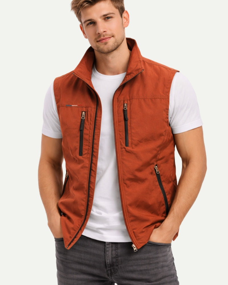 Men's Stand Collar Zip-Up Vest in Navy – Zip Closure, Nylon Shell | Aveloire