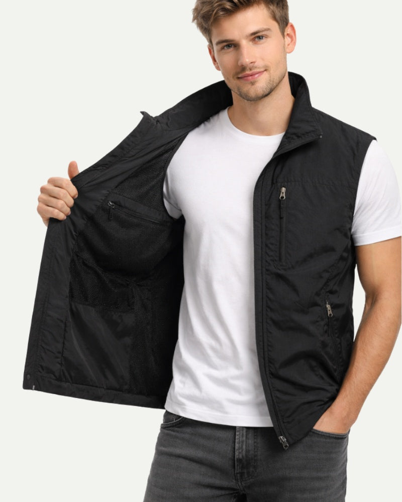 Men's Stand Collar Zip-Up Vest in Orange – Zip Closure, Nylon Shell | Aveloire