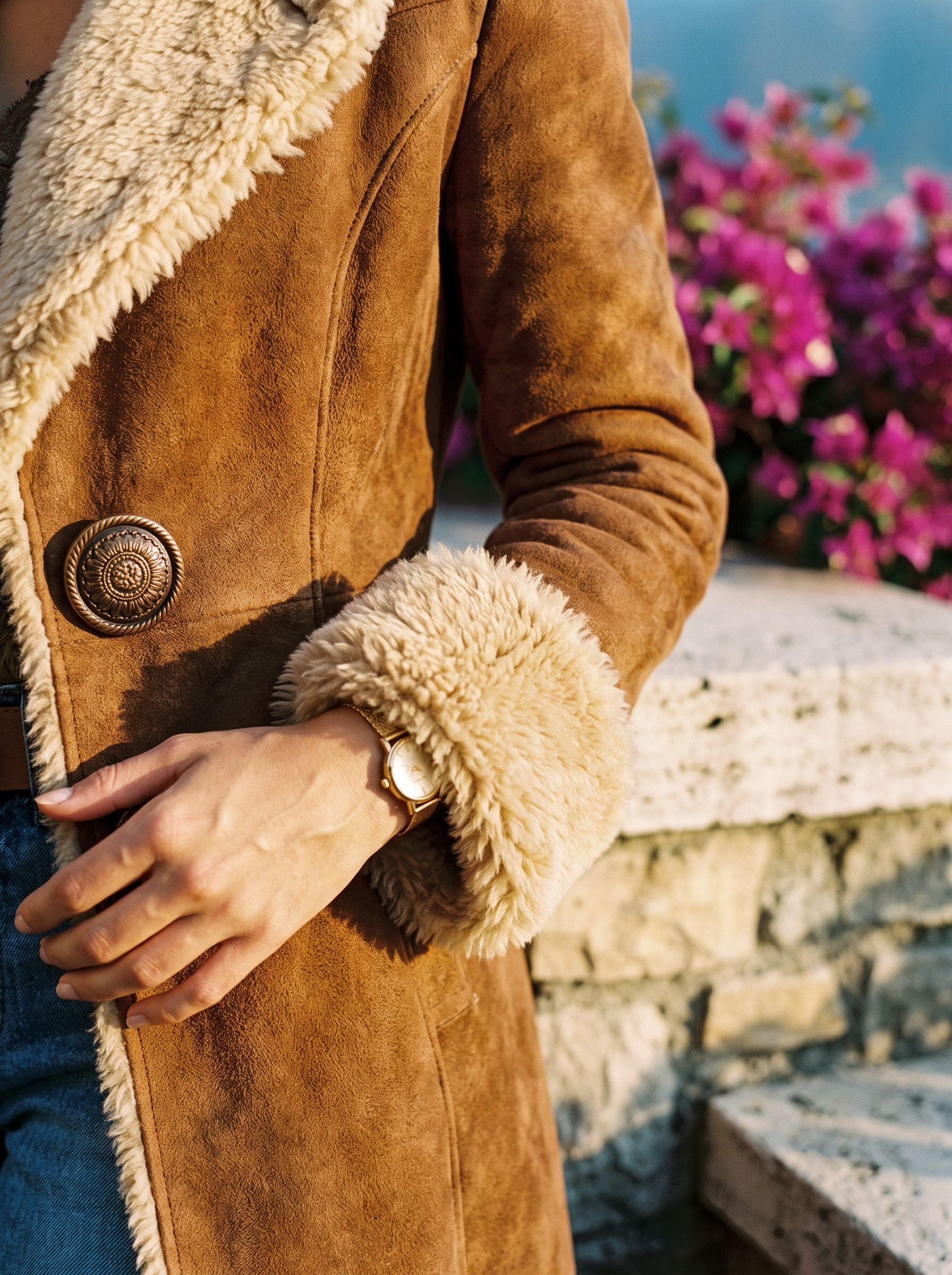Cognac suede coat cream shearling cuff and lapel detail