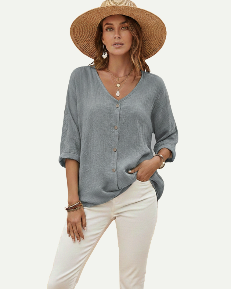 Women's V-Neck Button-Up Blouse in Gray – Loose Fit, Lightweight | Aveloire