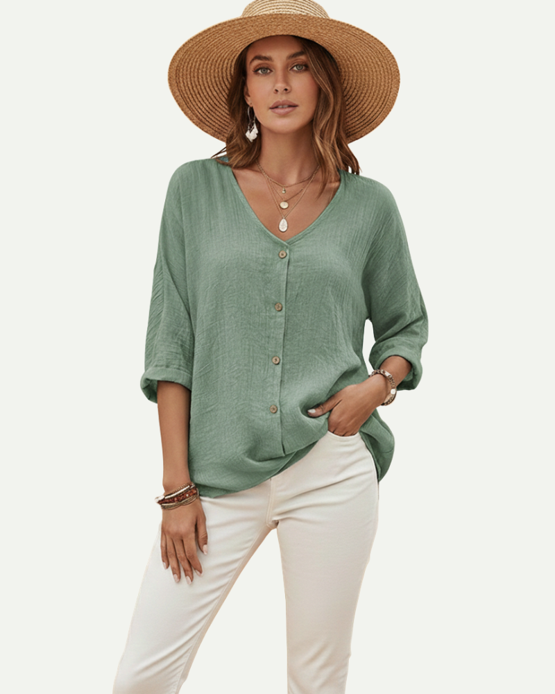 Women's V-Neck Button-Up Blouse in Green – Loose Fit, Lightweight | Aveloire