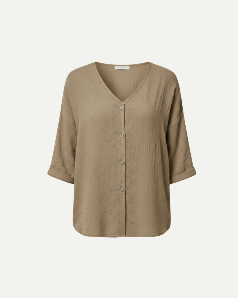 Women's V-Neck Button-Up Blouse in Khaki – Loose Fit, Lightweight | Aveloire