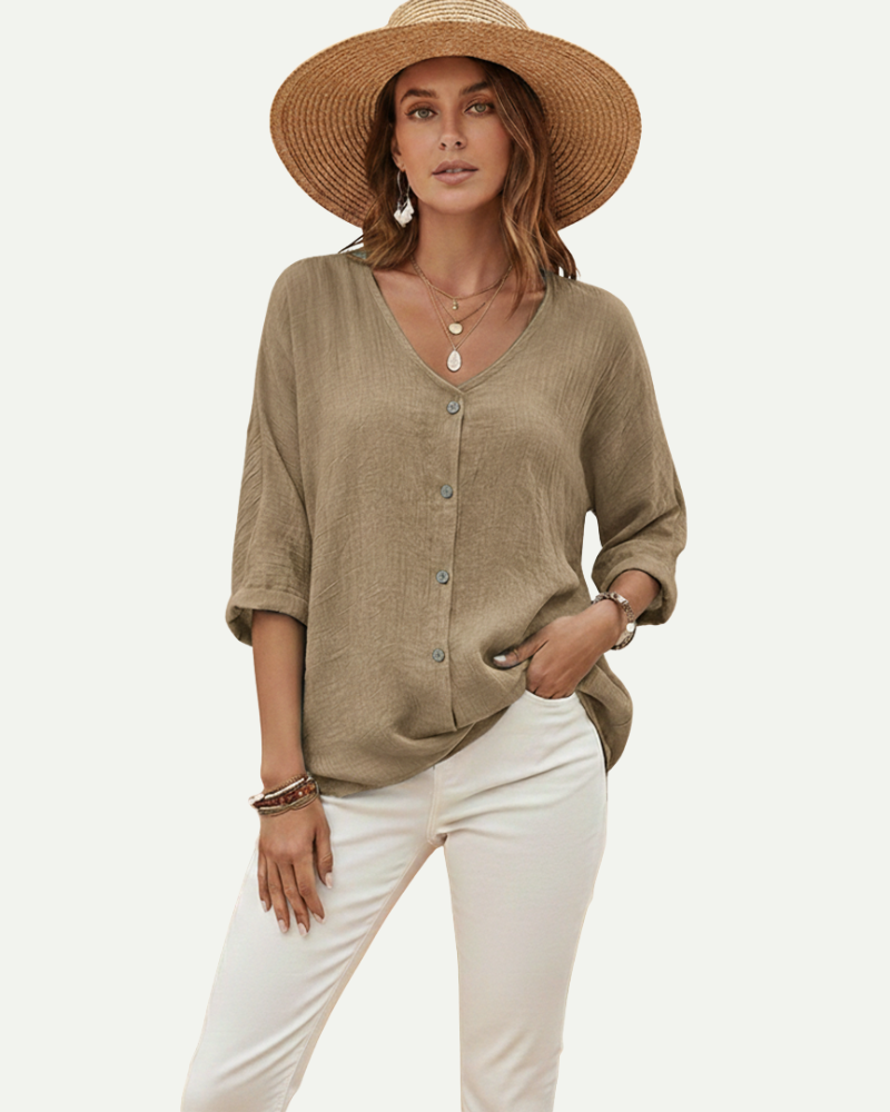 Women's V-Neck Button-Up Blouse in Khaki – Loose Fit, Lightweight | Aveloire