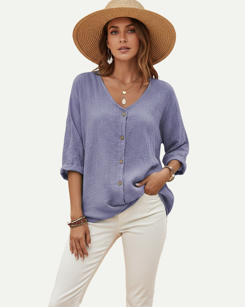 Women's V-Neck Button-Up Blouse in Lavender – Loose Fit, Lightweight | Aveloire