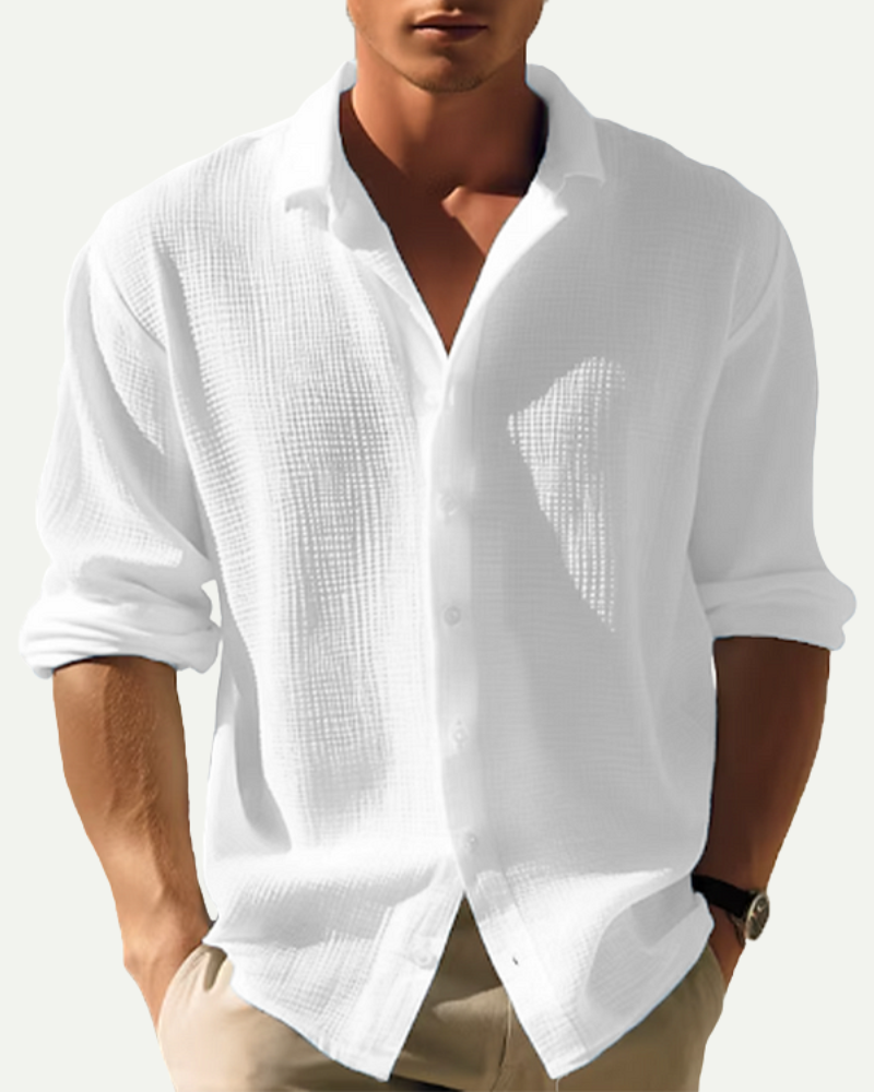 Men’s white waffle cotton button up shirt relaxed fit worn on model