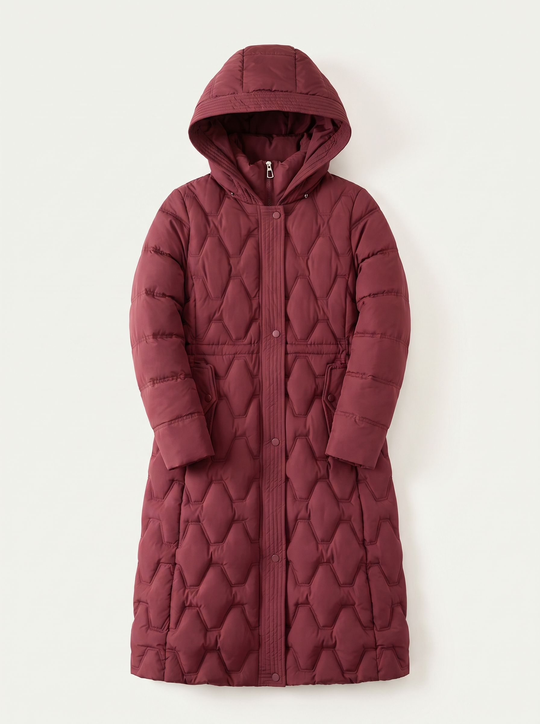 Wine red onion-quilted longline hooded puffer coat flat lay