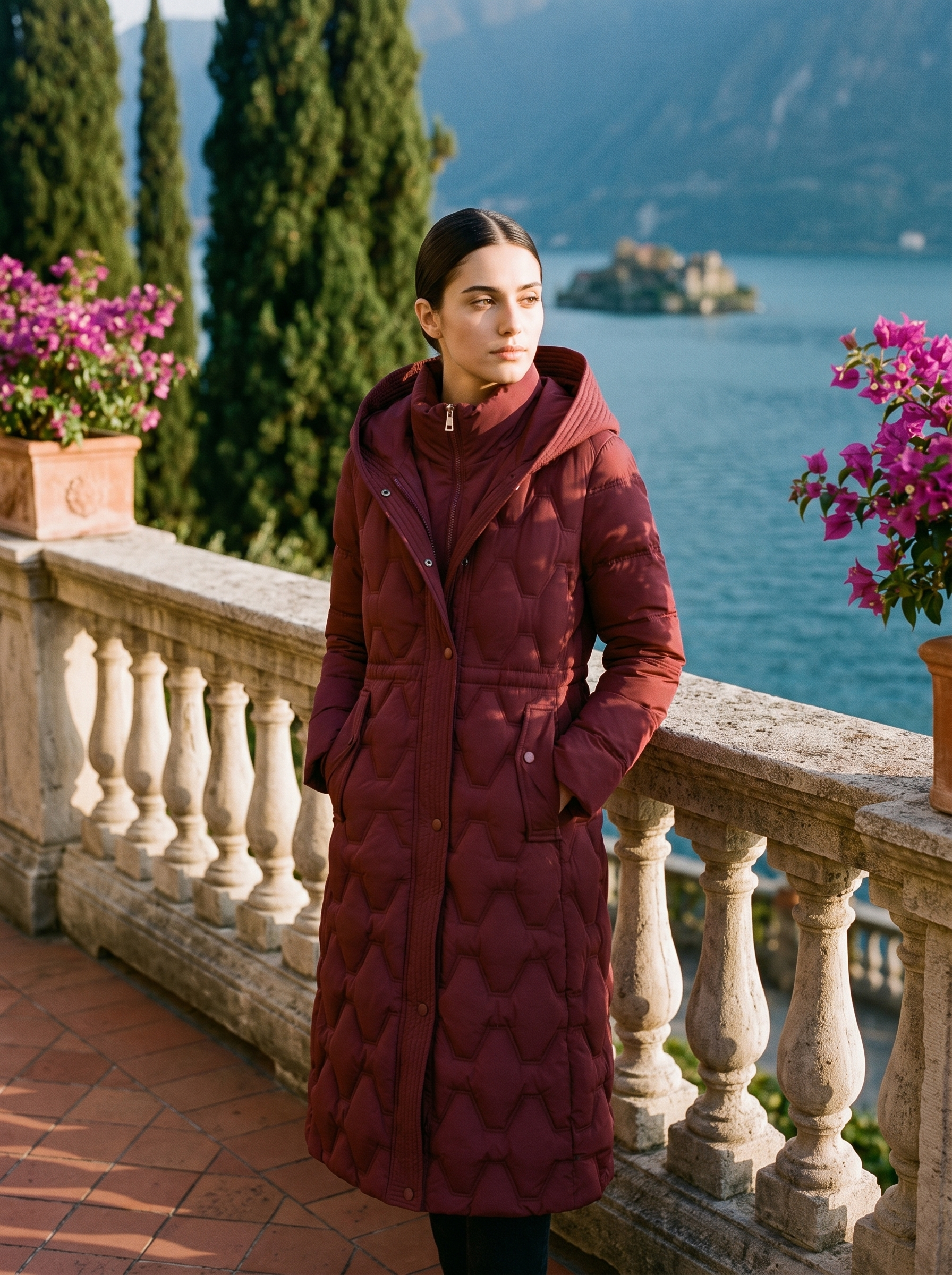 Wine red onion-quilted longline hooded puffer coat full length front view