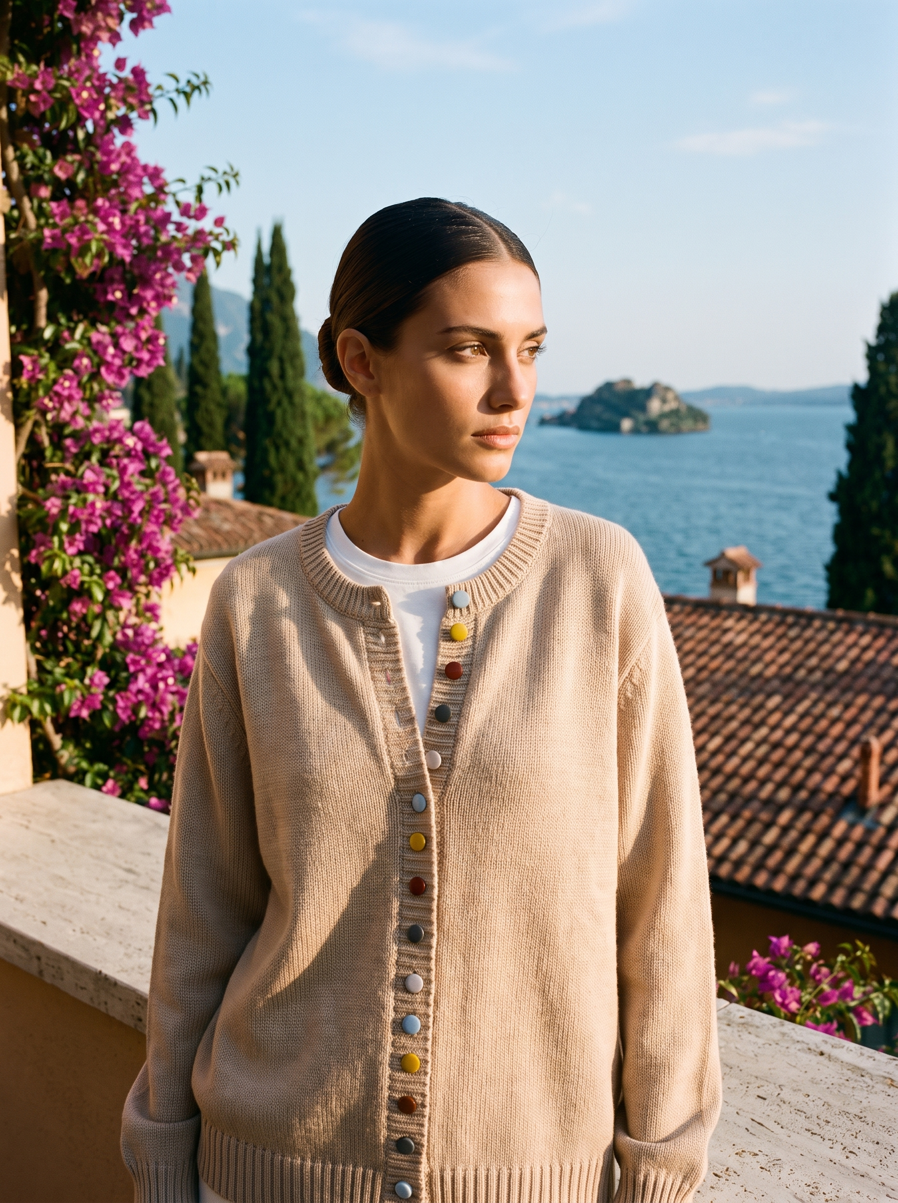 Woman wearing a beige button cardigan on a terrace overlooking Lake Como, old money style — Aveloire