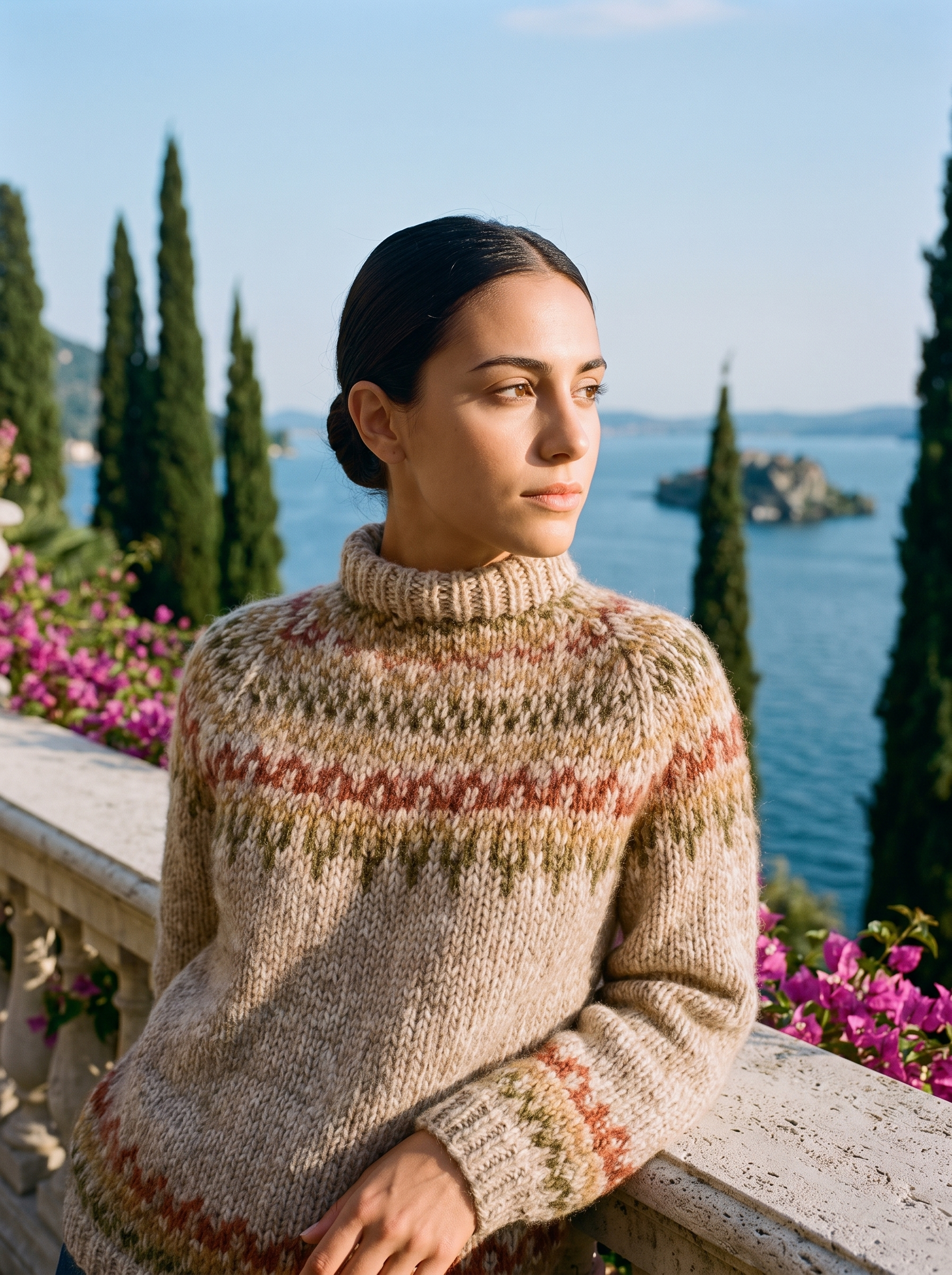 Woman wearing an oatmeal Fair Isle roll-neck jumper on a terrace overlooking Lake Como — Aveloire