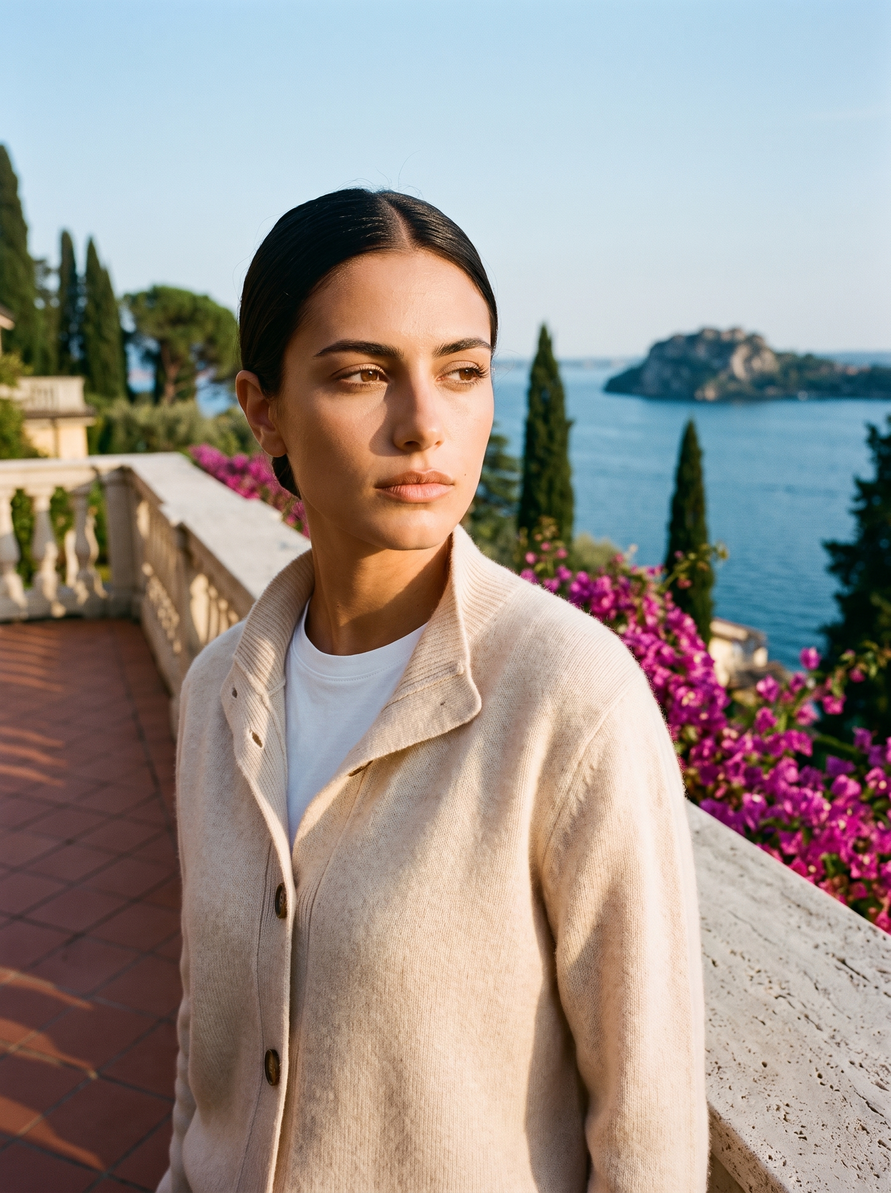 Woman wearing a beige stand-collar cardigan on a terrace overlooking Lake Como, old money style — Aveloire
