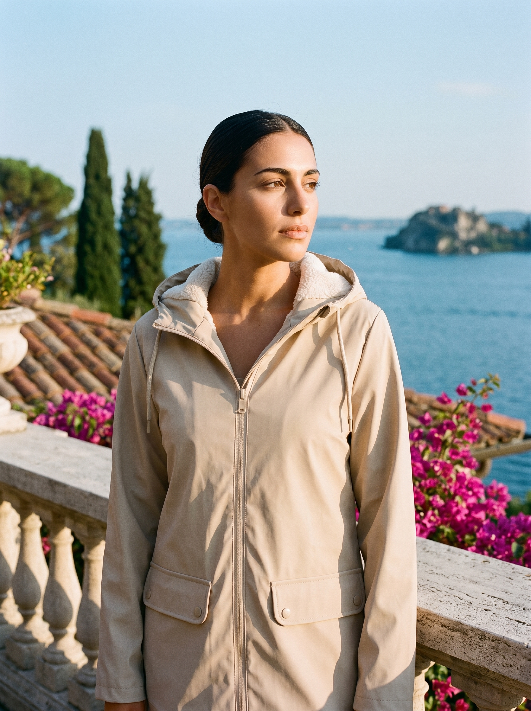 Woman wearing beige waterproof rain jacket on a Lake Como terrace — Aveloire
