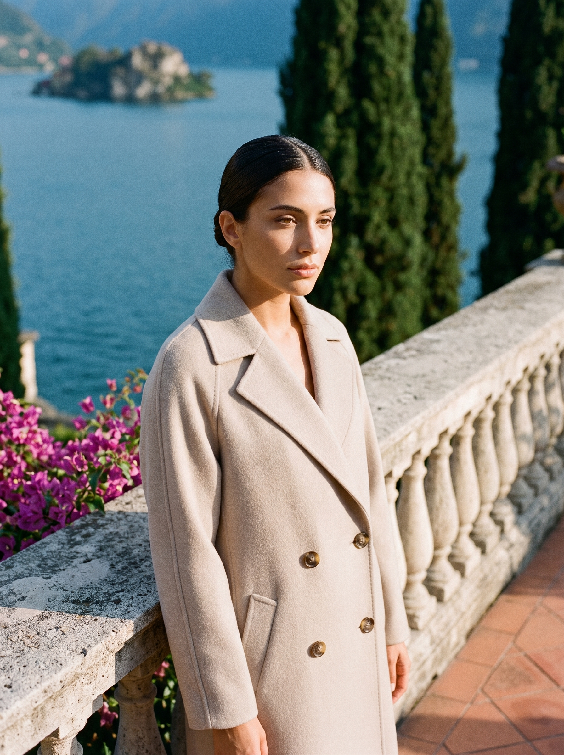 Woman wearing beige double-breasted wool coat on a Lake Como terrace
