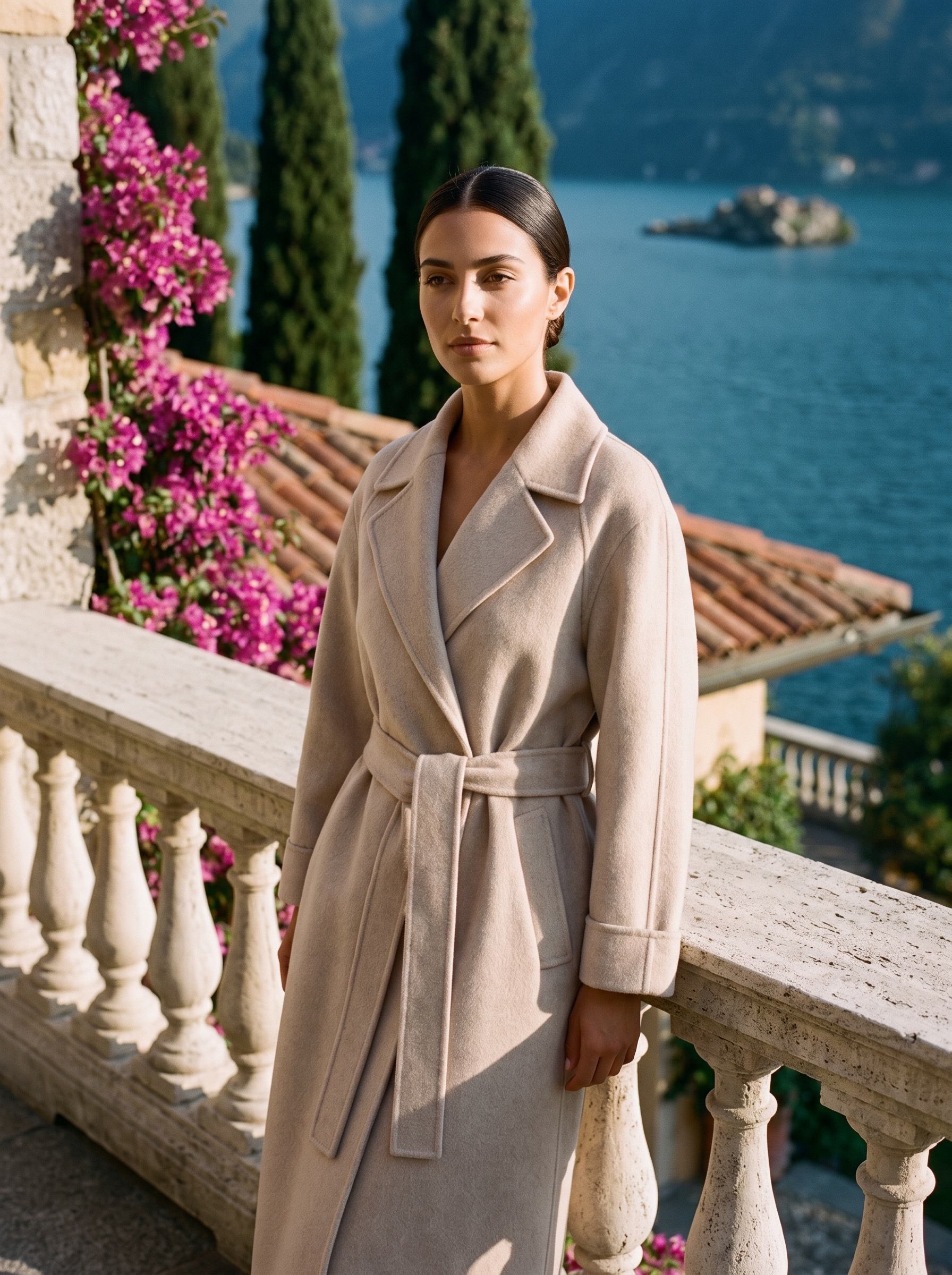 Woman wearing beige belted wool wrap coat on a Lake Como terrace