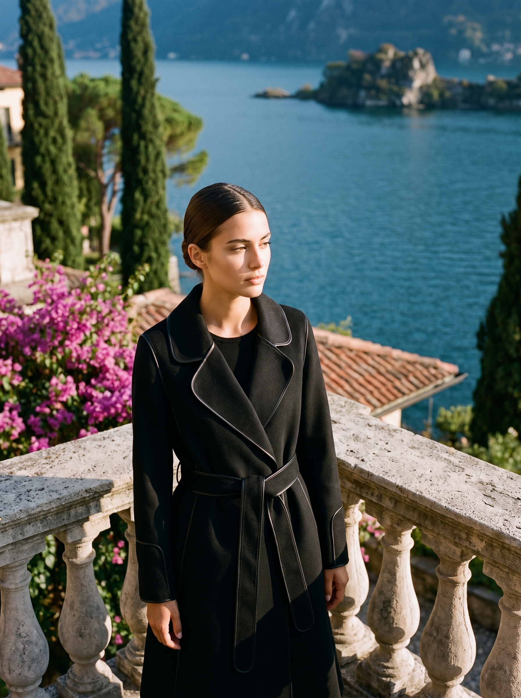 Woman wearing a black contrast-trim wool wrap coat on a Lake Como terrace — Aveloire